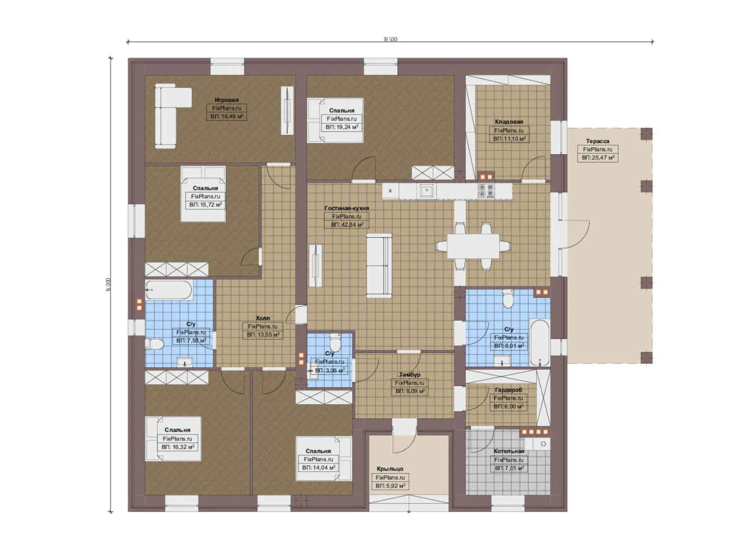 F-12986 - План одноэтажного дома 16 на 19, площадью 220 м² с террасой и 4 спальнями