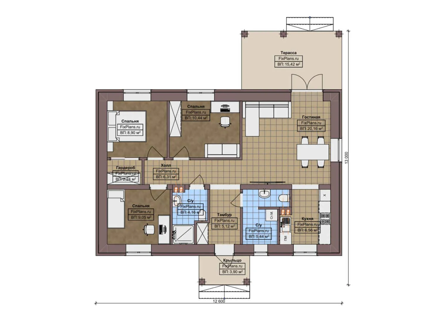 F-9683 - План одноэтажного дома 13 на 13, площадью 100 м² с террасой и 3 спальнями
