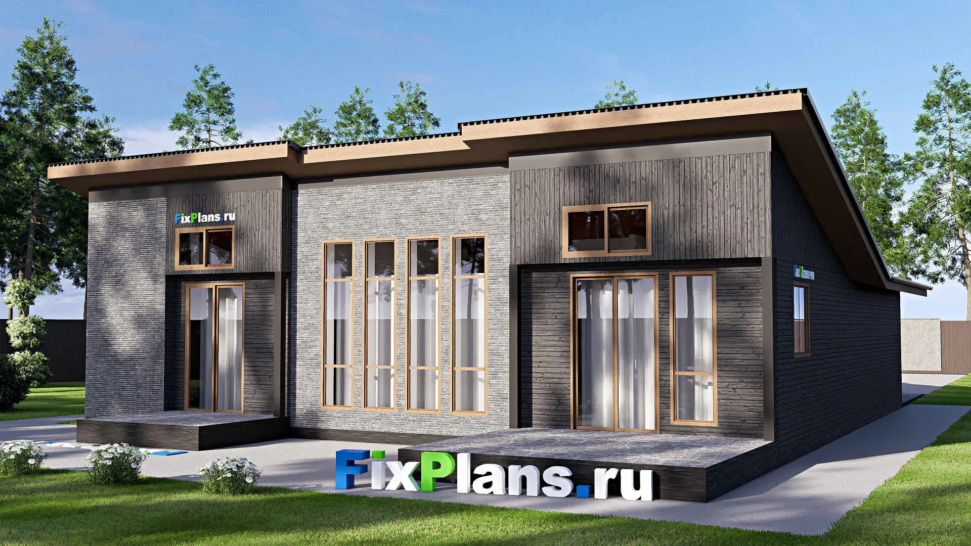 F-20159 - Проект одноэтажного дома 15 на 22, площадью 200 м² с террасой, баней, гаражом на 2 машины и 3 спальнями