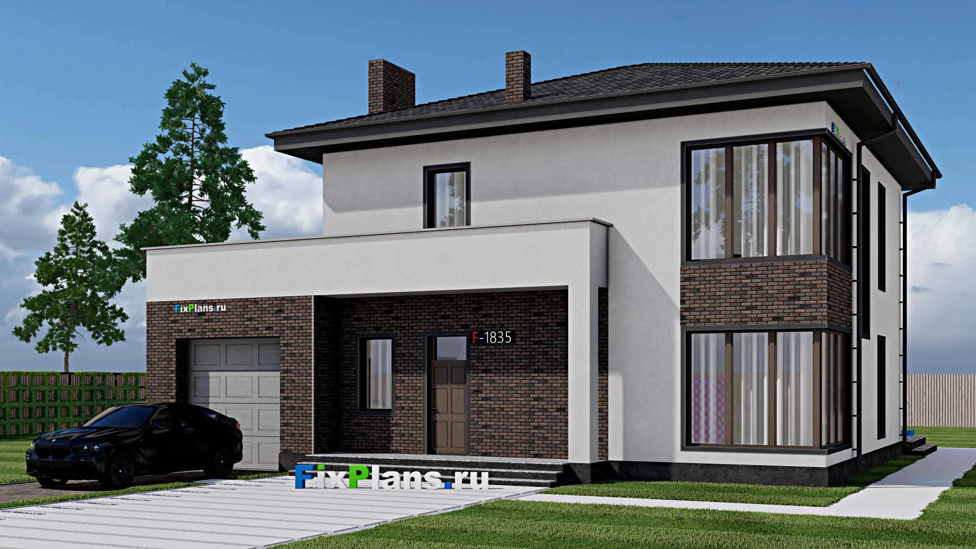 F-1835 - Проект двухэтажного дома 12 на 16, площадью 270 м² с террасой, балконом, гаражом на 1 машину и 4 спальнями