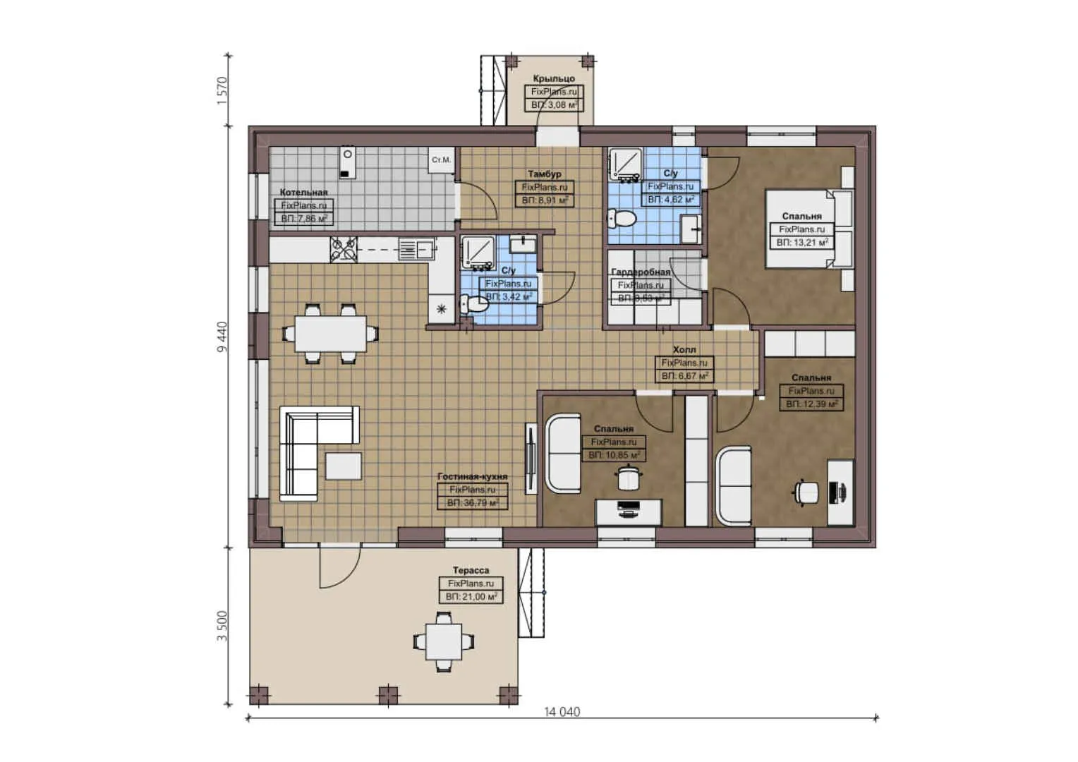 F-1727 - План одноэтажного дома 10 на 15, площадью 140 м² с террасой и 3 спальнями
