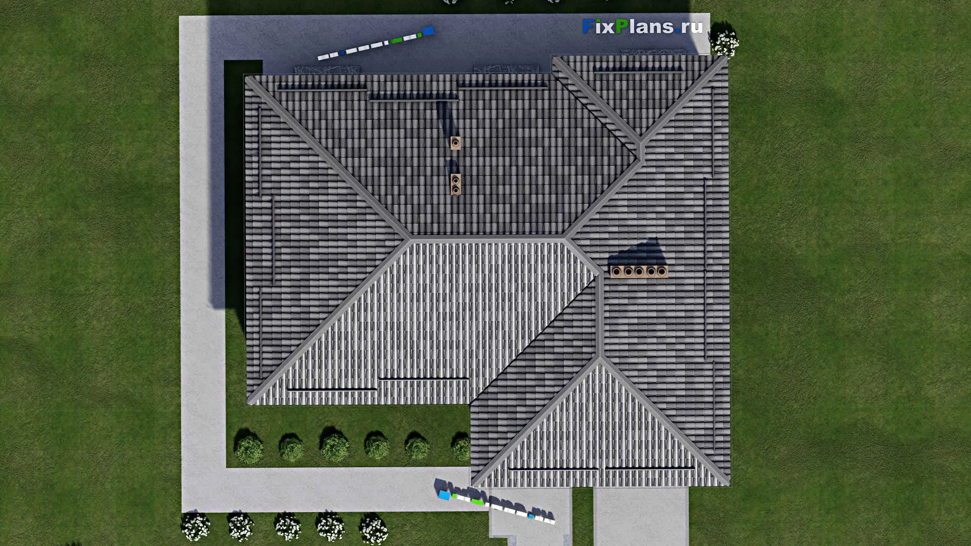 F-2762 - Проект одноэтажного дома 14 на 16, площадью 140 м² с террасой, гаражом на 1 машину и 3 спальнями