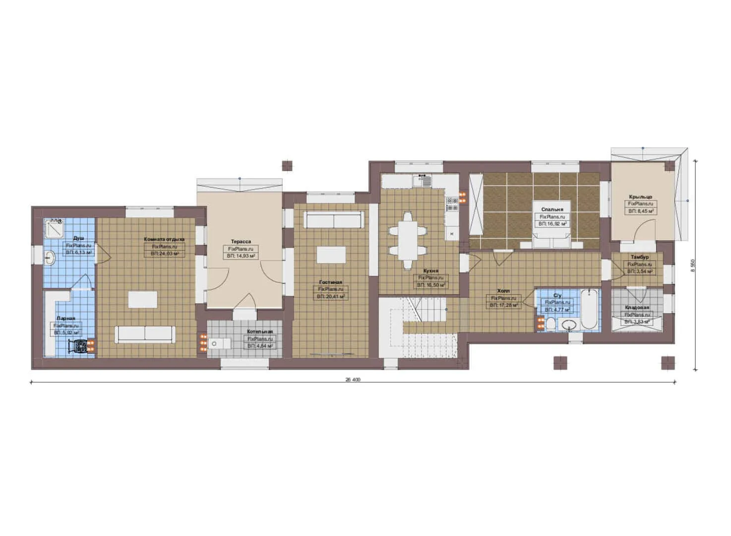 F-13805 - Планы двухэтажного дома 9 на 27, площадью 260 м² с террасой, балконом, баней и 4 спальнями