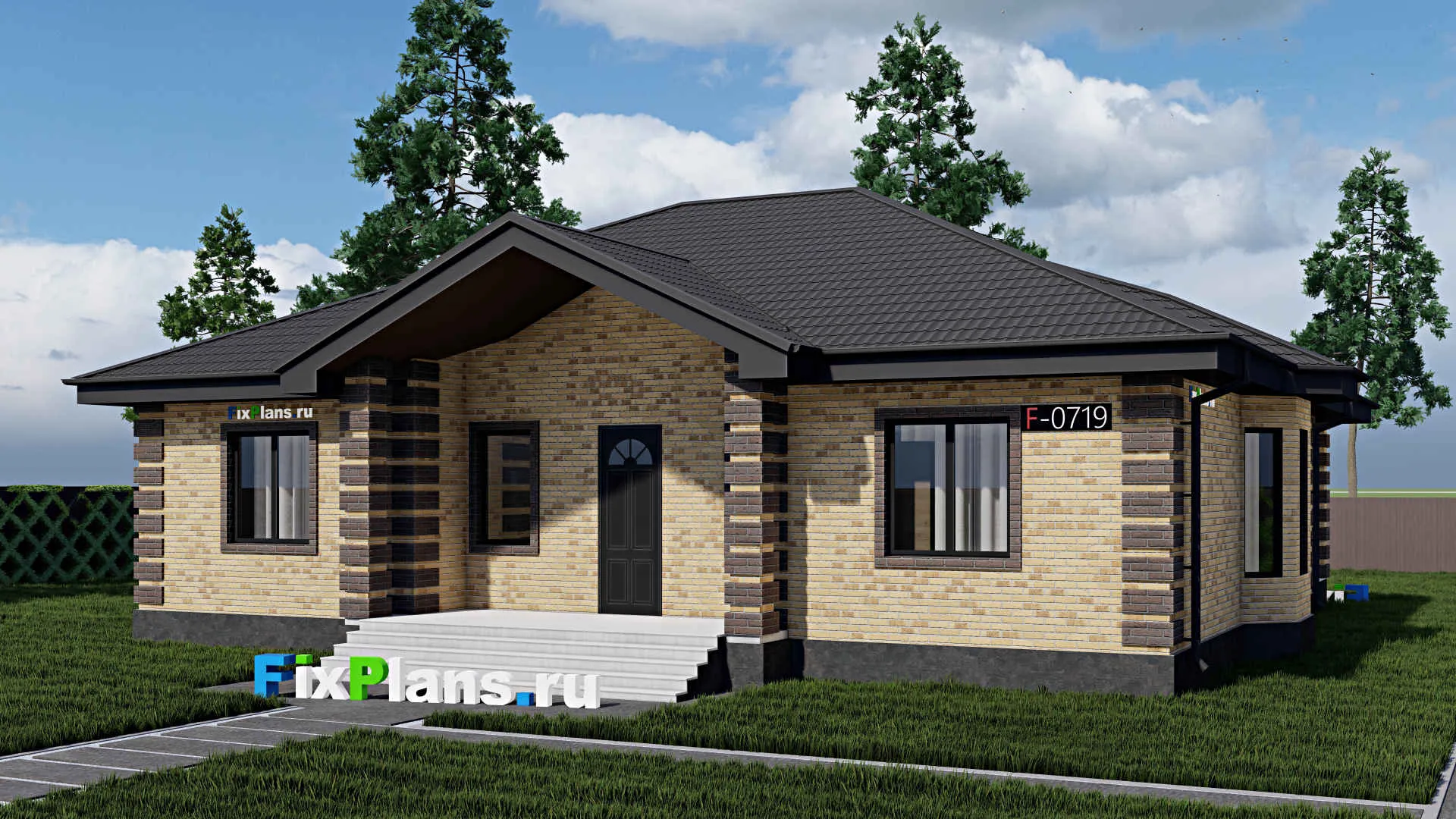 F-0719 - Проект одноэтажного дома 12 на 15, площадью 170 м² с террасой и 3 спальнями