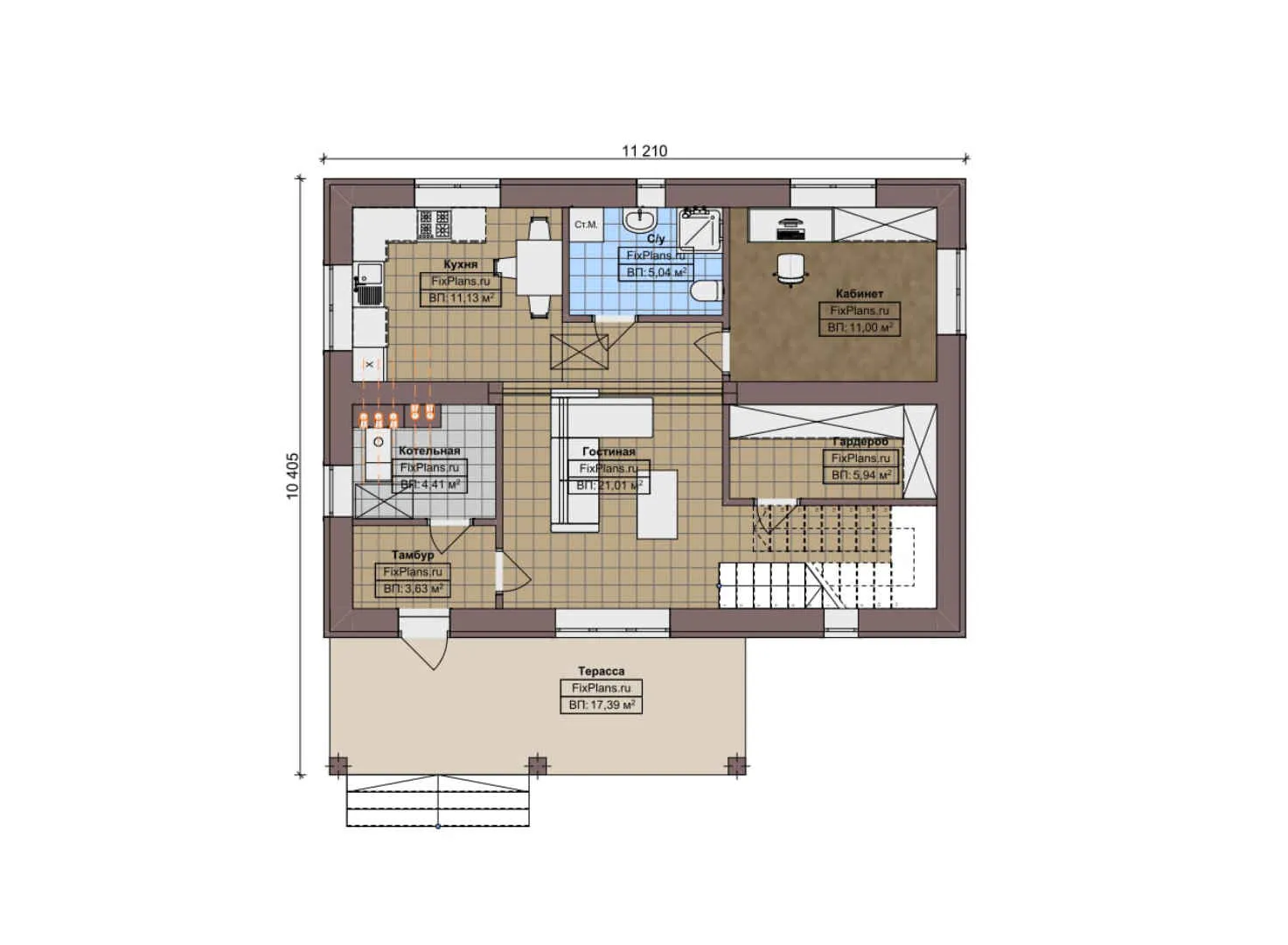 F-9017 - Планы дома с мансардой 11 на 12, площадью 140 м² с террасой и 2 спальнями