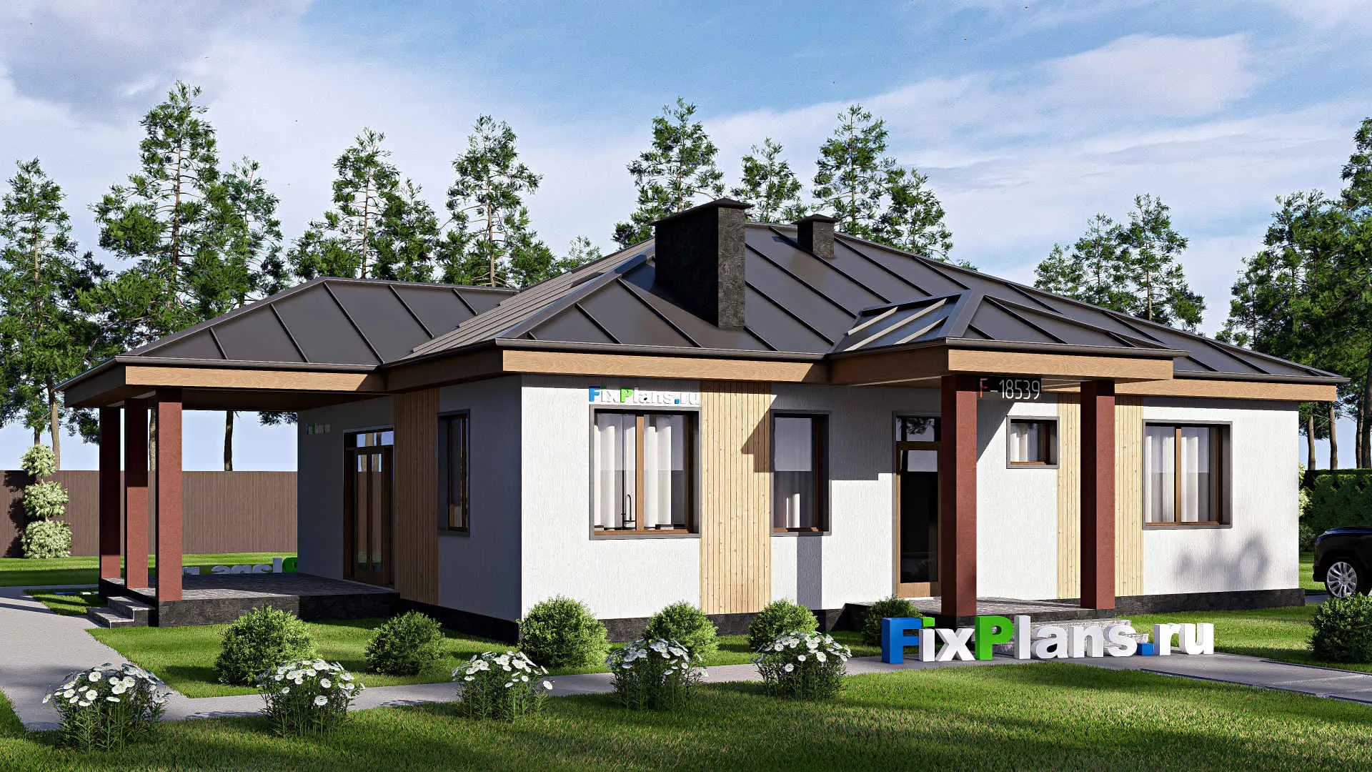 F-18539 - Проект одноэтажного дома 14 на 17, площадью 150 м² с террасой и 3 спальнями