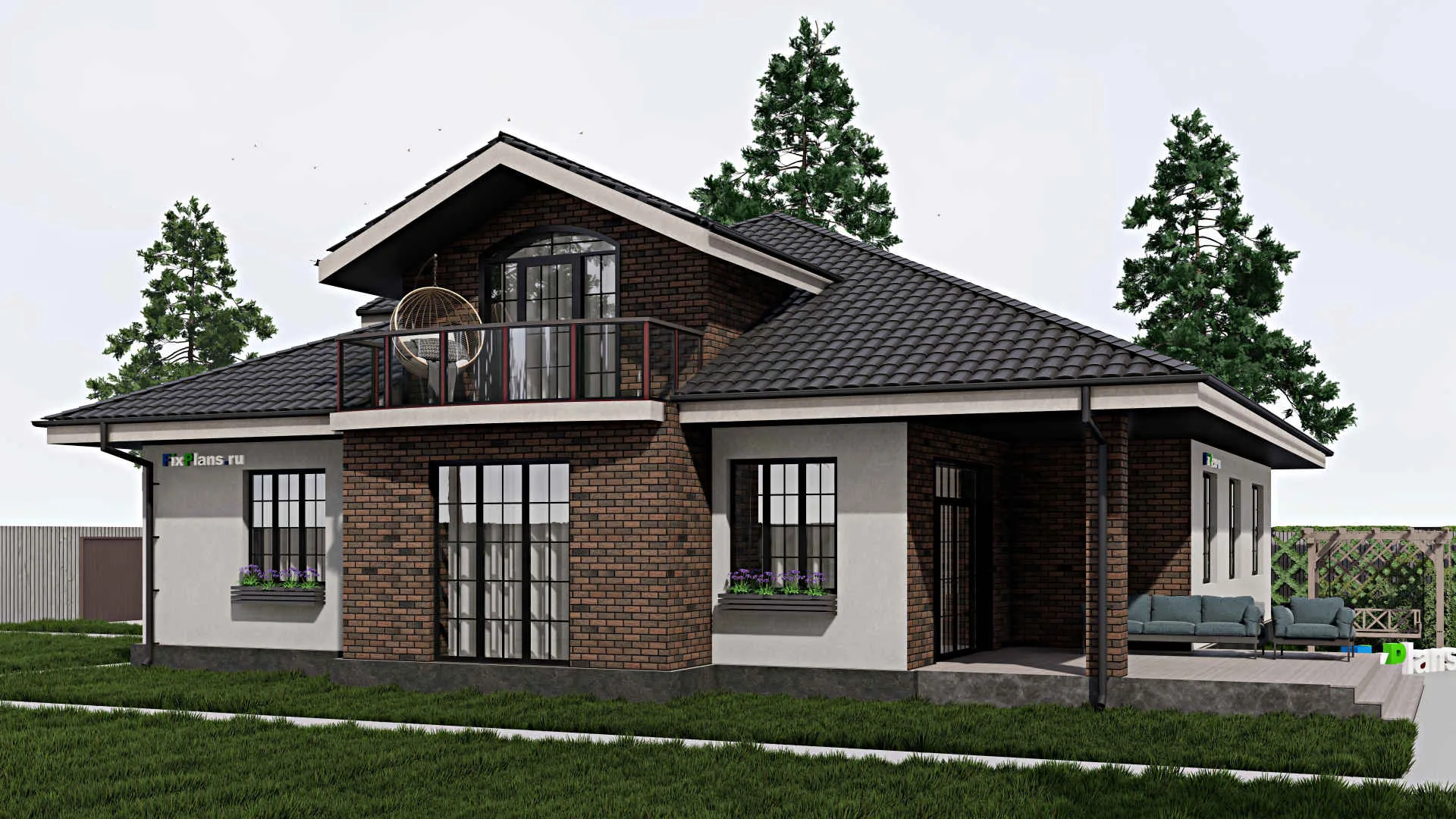 F-0413 - Проект дома с мансардой 15 на 17, площадью 250 м² с террасой, балконом, гаражом на 1 машину и 4 спальнями