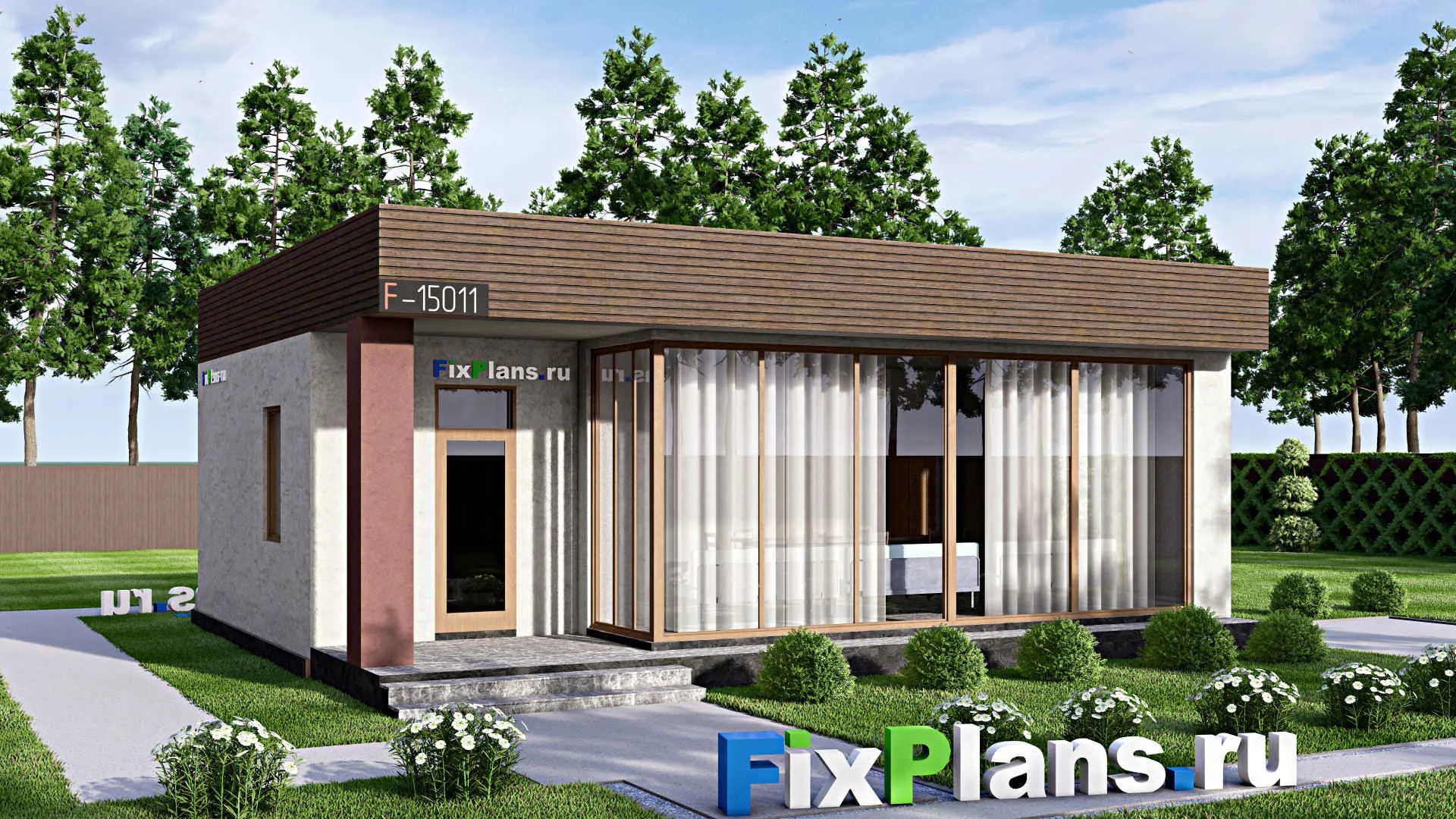 F-15011 - Проект бани 9 на 11, площадью 70 м² с комнатой отдыха, терассой и санузлом