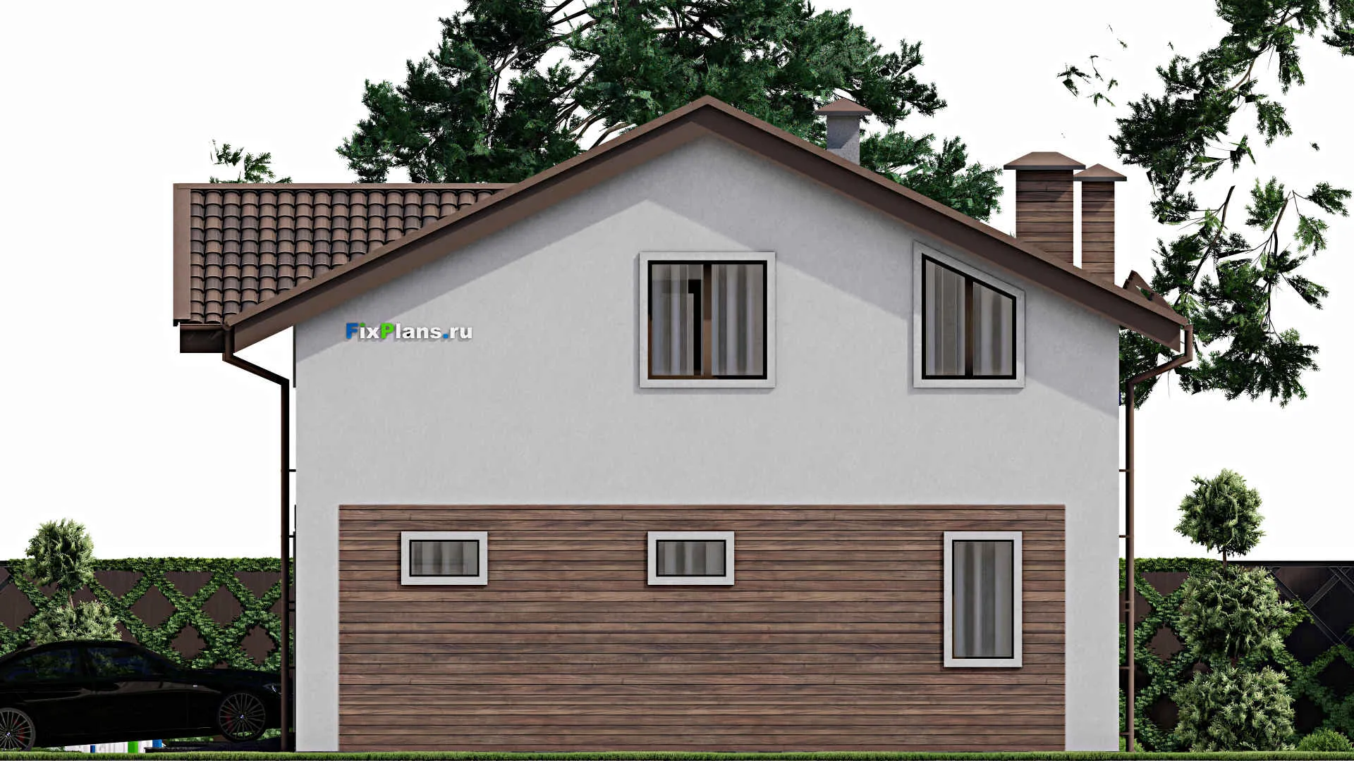 F-9125 - Проект дома с мансардой 12 на 13, площадью 180 м² с террасой, гаражом на 1 машину и 4 спальнями