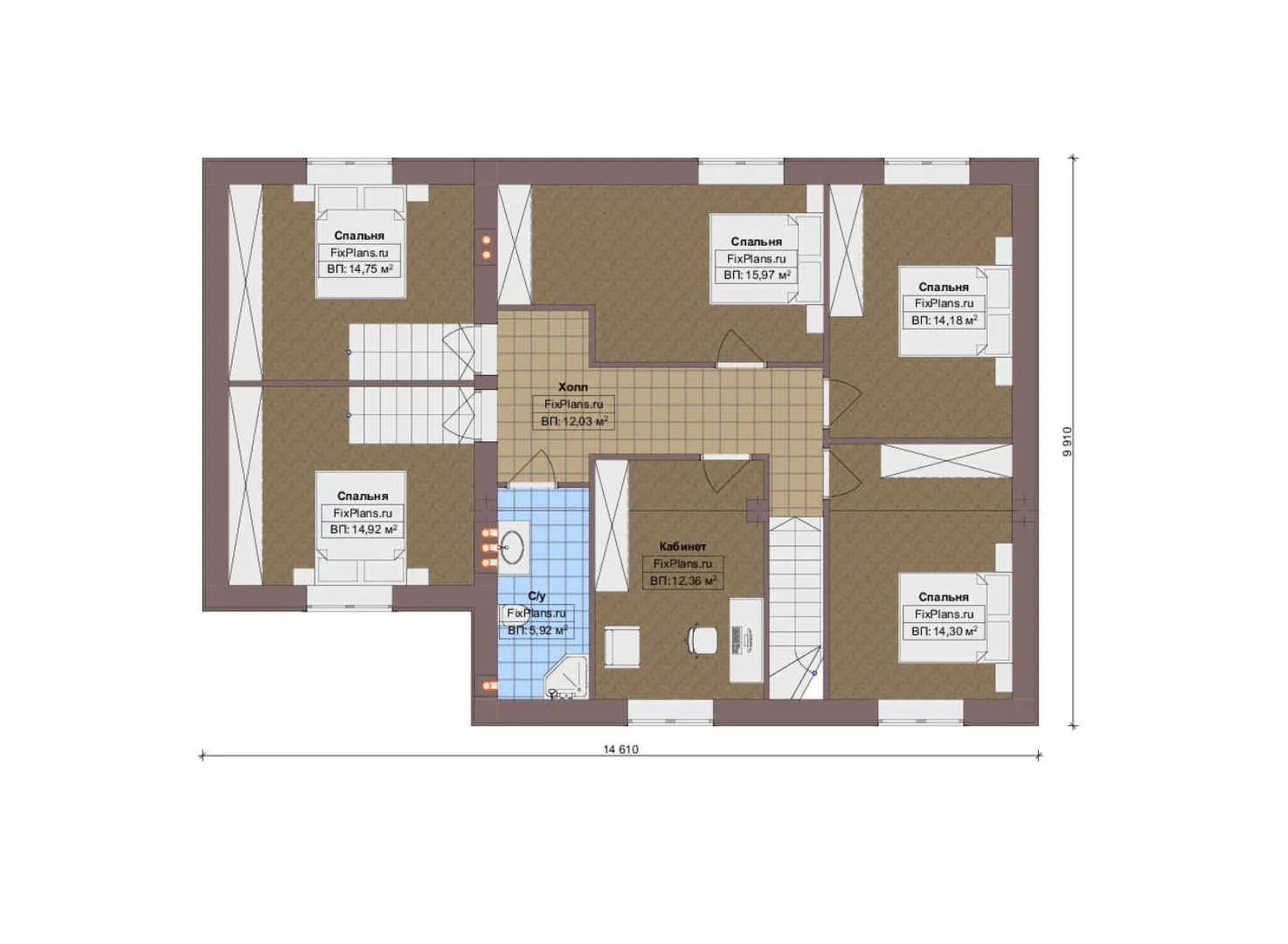 F-17702 - Планы двухэтажного дома 12 на 15, площадью 220 м² с гаражом на 1 машину и 5 спальнями