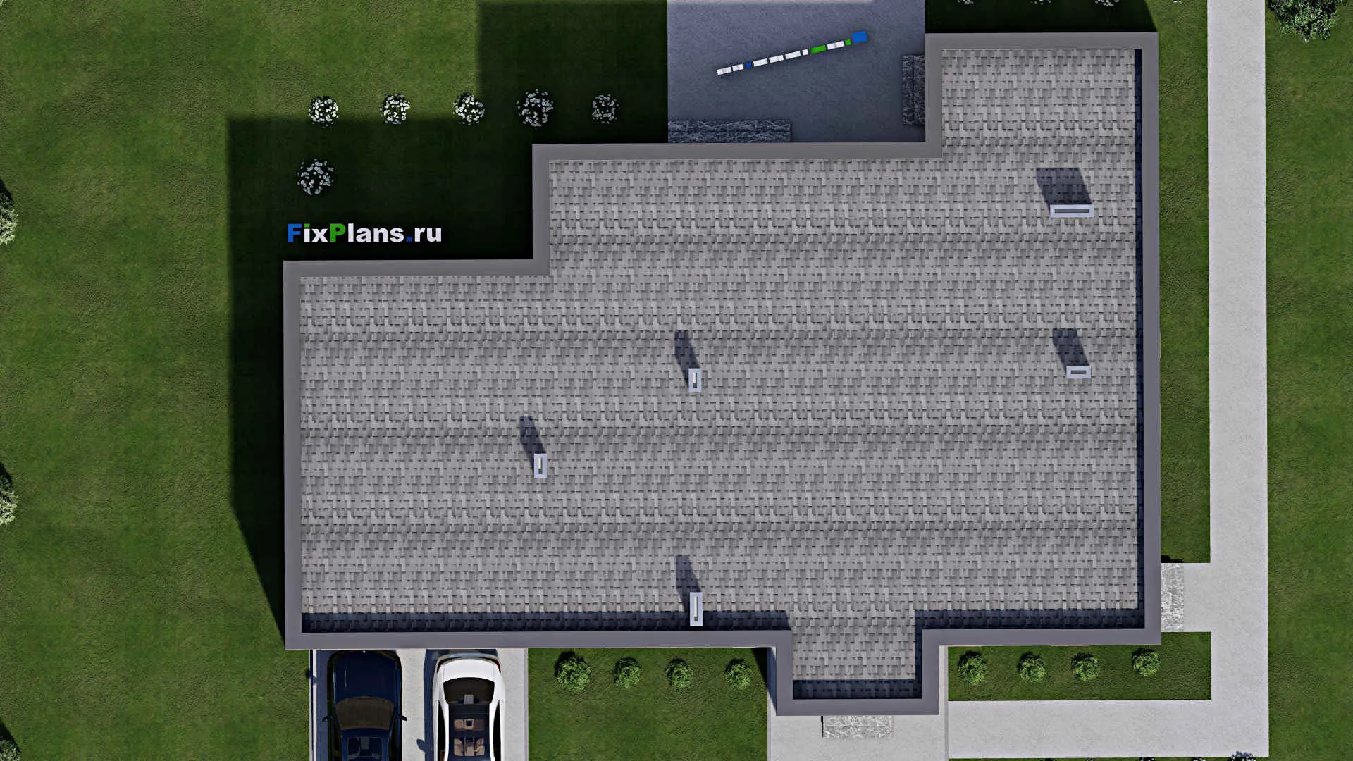 F-8945 - Проект одноэтажного дома 18 на 23, площадью 260 м² с террасой, баней, гаражом на 2 машины, спортзалом и 2 спальнями