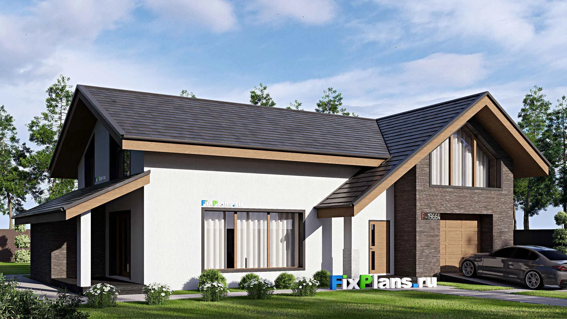 F-19664 - Проект дома с мансардой 11 на 18, площадью 250 м² с террасой, гаражом на 1 машину и 5 спальнями