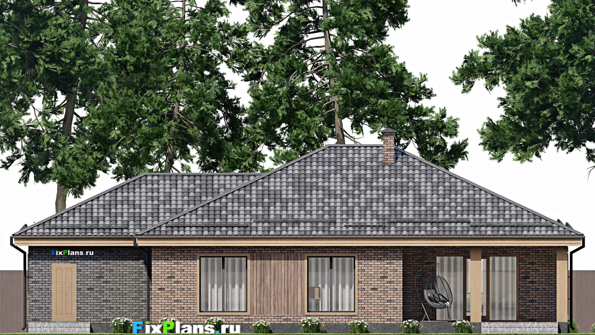 F-8657 - Проект одноэтажного дома 14 на 20, площадью 190 м² с террасой, гаражом на 1 машину и 3 спальнями