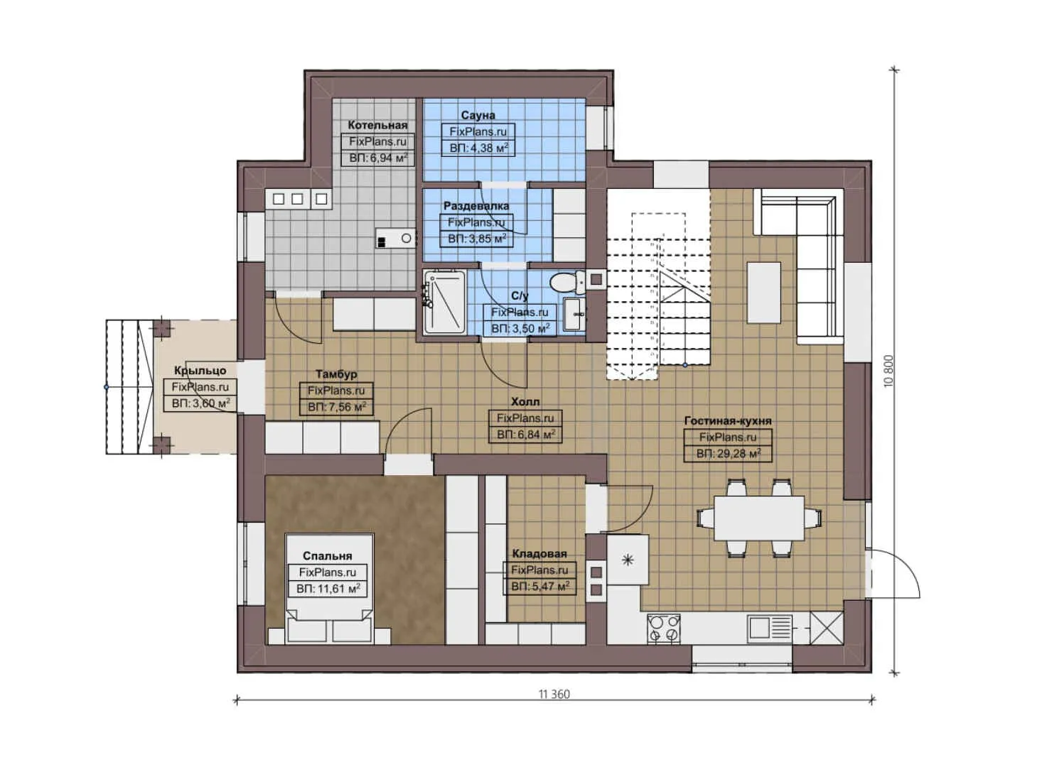 F-2339 - Планы двухэтажного дома 11 на 12, площадью 150 м² с баней и 4 спальнями