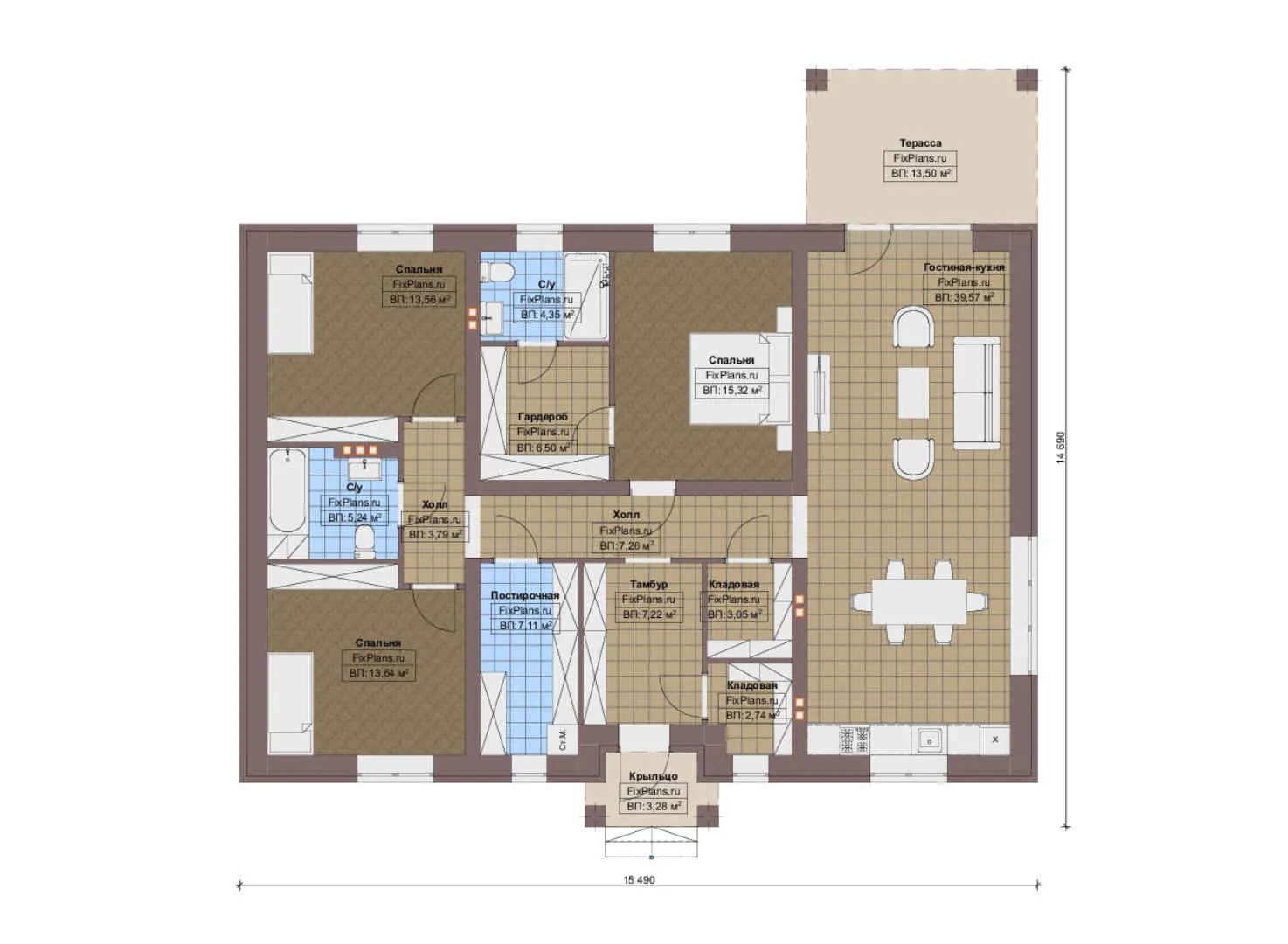 F-14174 - План одноэтажного дома 15 на 16, площадью 150 м² с террасой и 3 спальнями