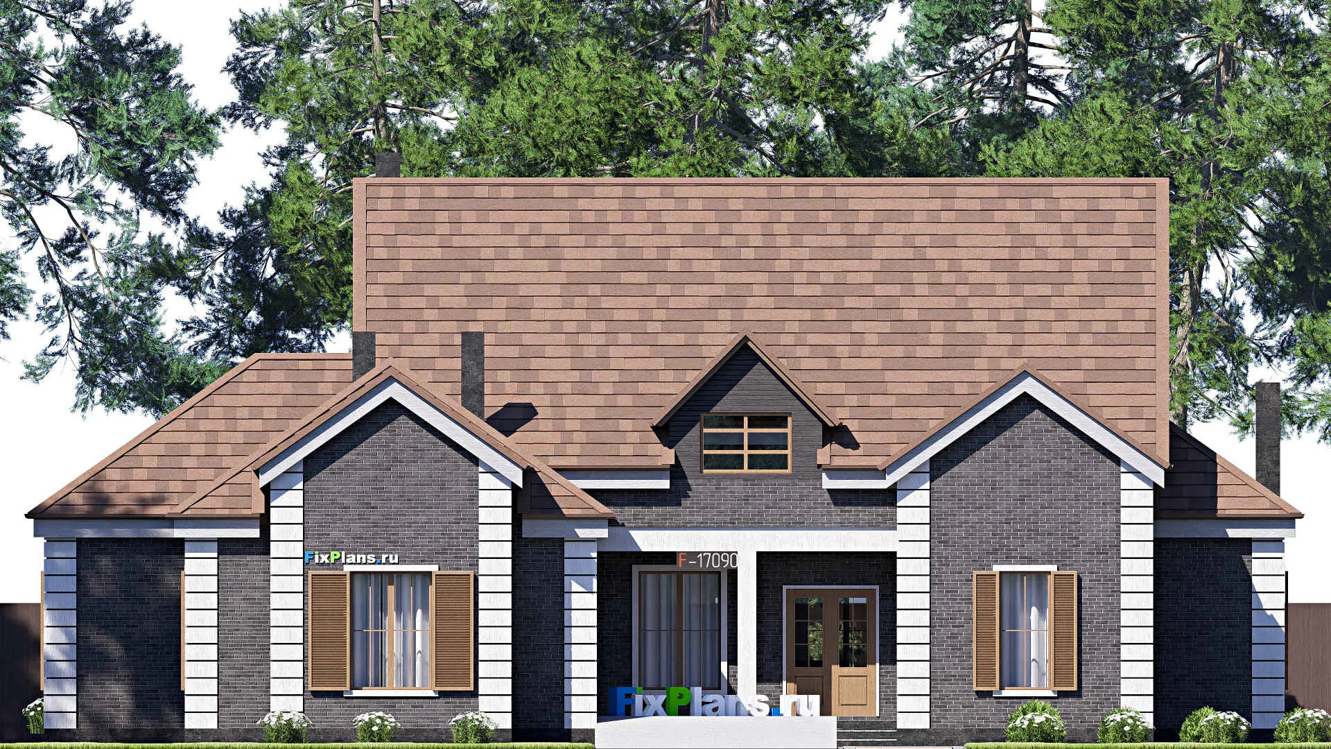 F-17090 - Проект одноэтажного дома 21 на 28, площадью 310 м² с террасой, гаражом на 2 машины и 4 спальнями