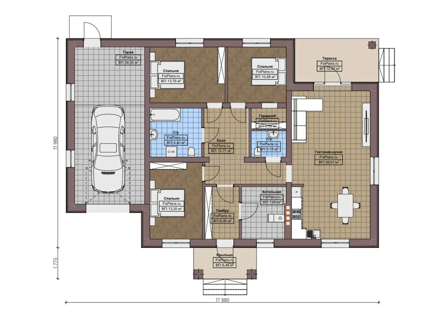 F-2555 - План одноэтажного дома 12 на 18, площадью 180 м² с террасой, гаражом на 2 машины и 3 спальнями