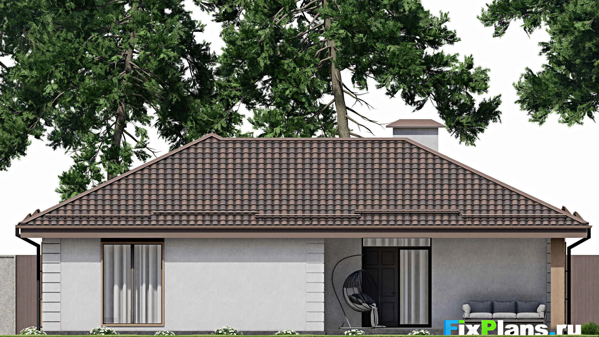 F-7766 - Проект одноэтажного дома 11 на 15, площадью 110 м² с террасой и 2 спальнями