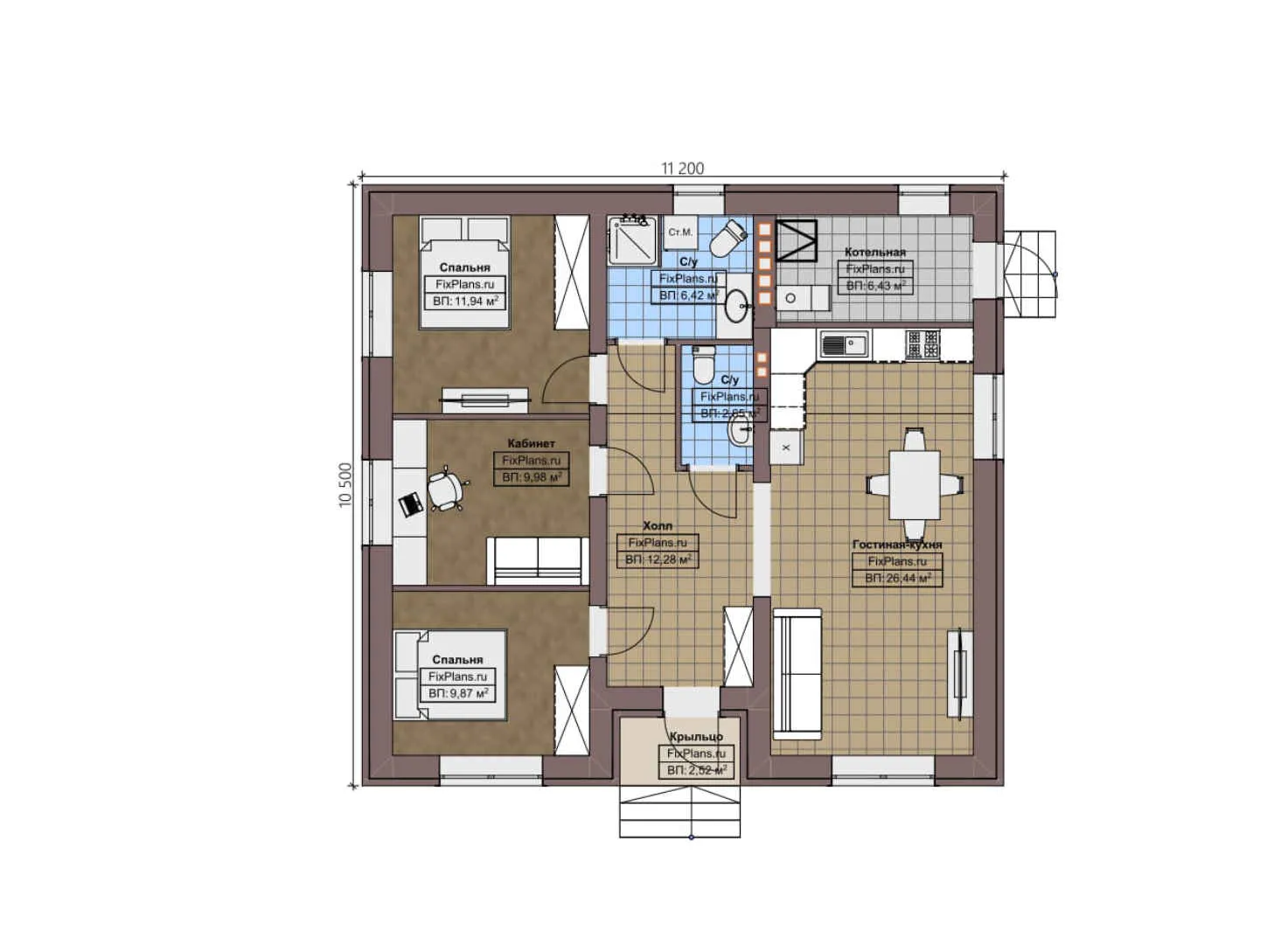 F-4895 - План одноэтажного дома 11 на 12, площадью 90 м² с 2 спальнями