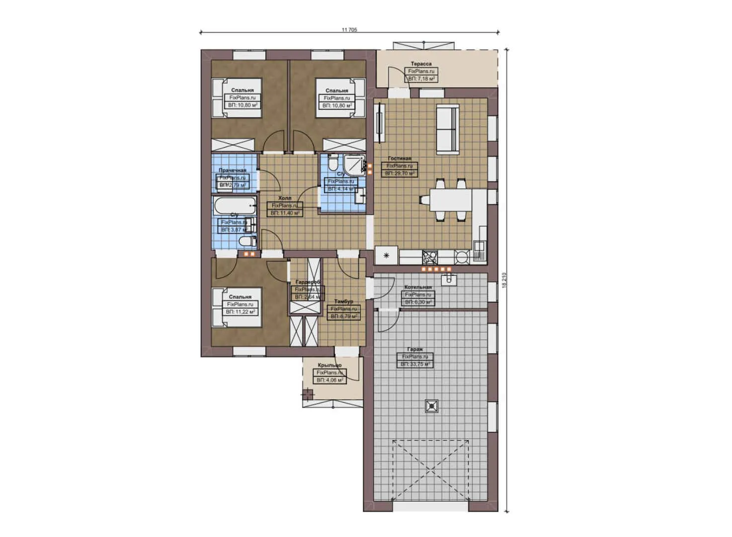 F-5408 - План одноэтажного дома 12 на 19, площадью 150 м² с террасой, гаражом на 1 машину и 3 спальнями