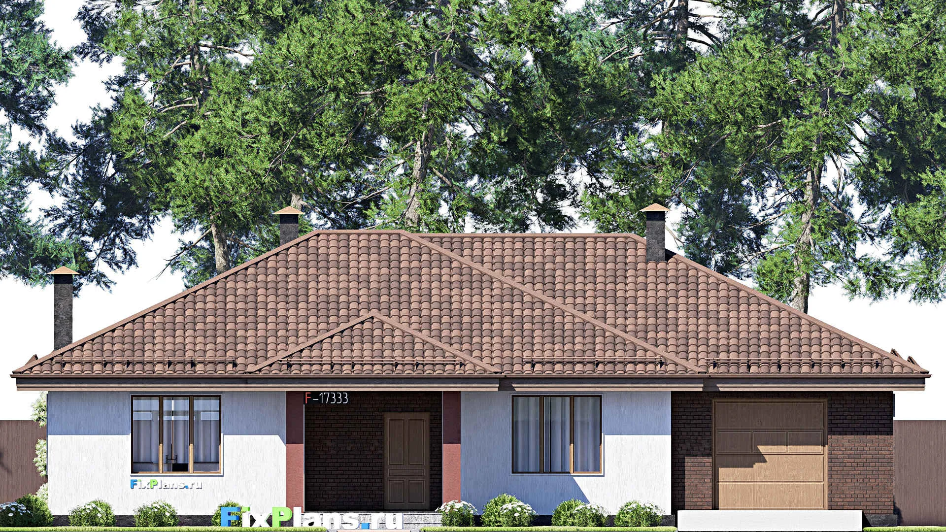 F-17333 - Проект одноэтажного дома 14 на 19, площадью 180 м² с террасой, гаражом на 2 машины и 3 спальнями