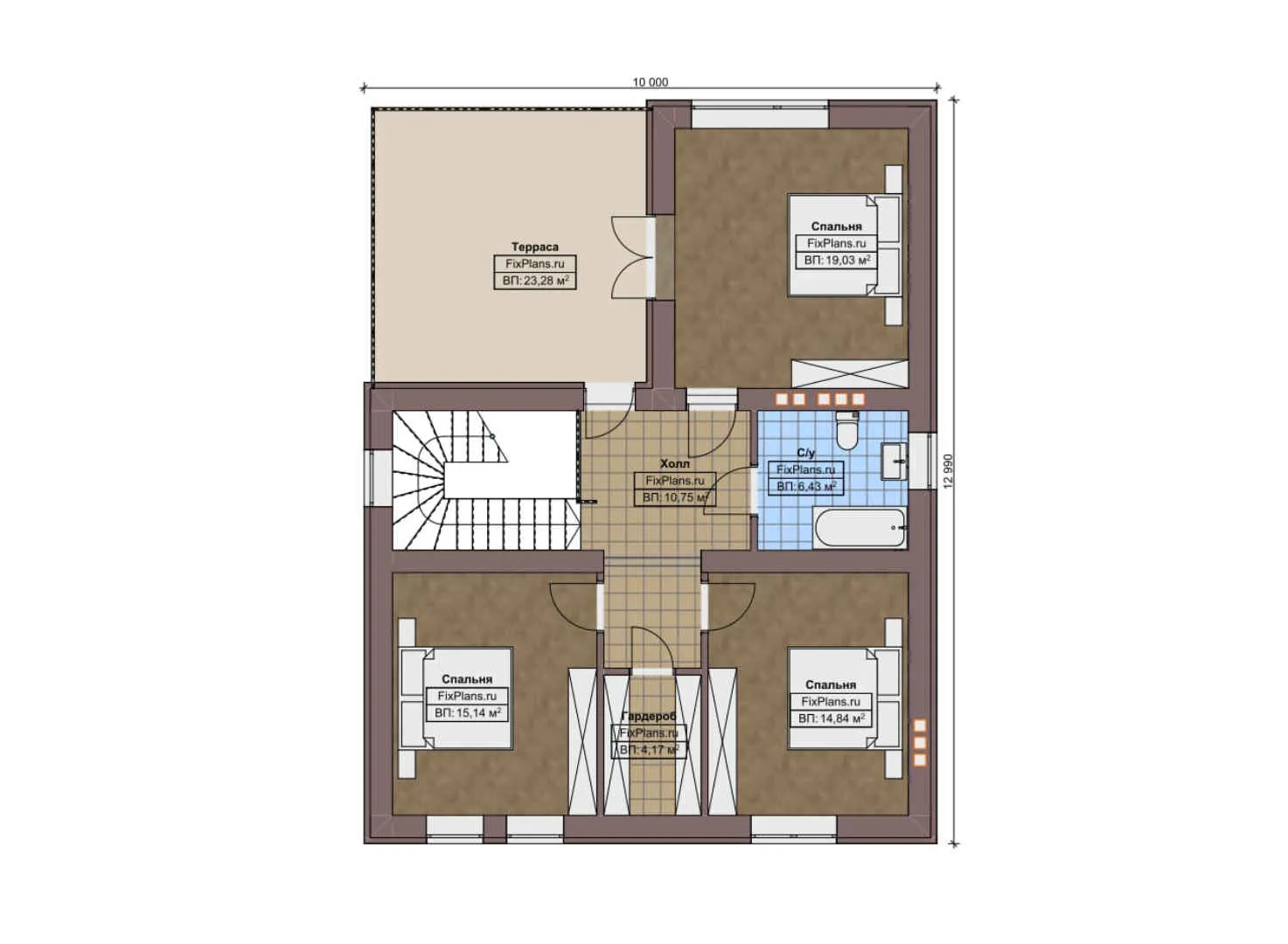 F-8234 - Планы двухэтажного дома 10 на 13, площадью 200 м² с террасой и 4 спальнями