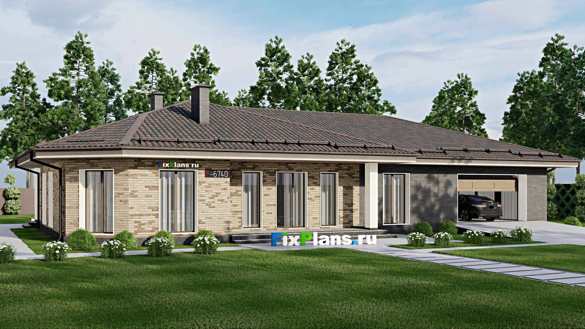 F-6740 - Проект одноэтажного дома 15 на 25, площадью 270 м² с террасой, гаражом на 2 машины и 3 спальнями