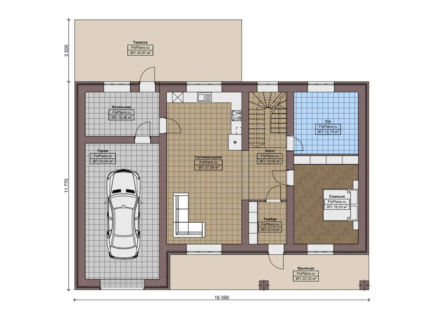 F-0260i - Планы дома с мансардой 12 на 17, площадью 280 м² с террасой, балконом, гаражом на 1 машину и 4 спальнями