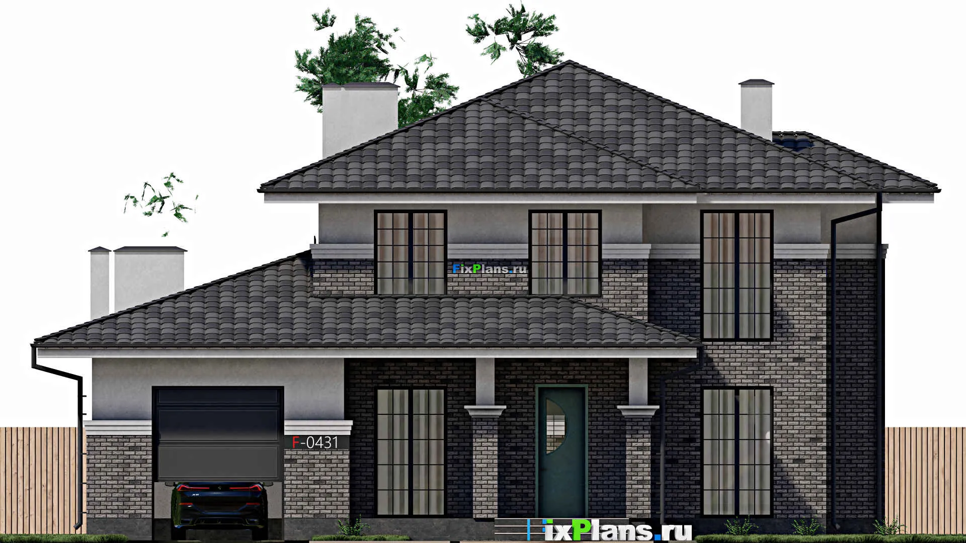 F-0431 - Проект двухэтажного дома 17 на 27, площадью 380 м² с террасой, гаражом на 1 машину, бассейном и 5 спальнями