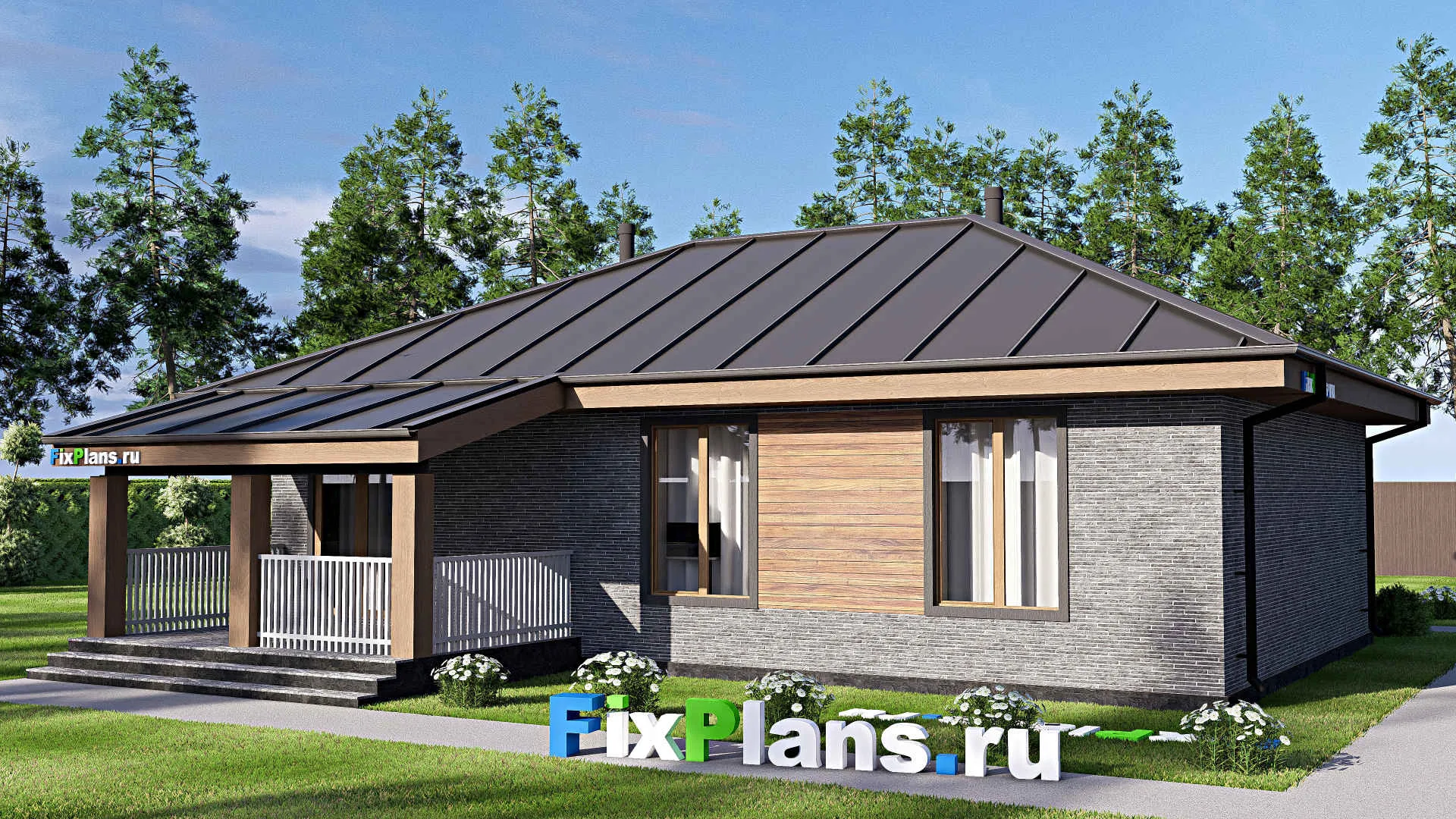 F-18566 - План одноэтажного дома 13 на 13, площадью 100 м² с террасой и 3 спальнями