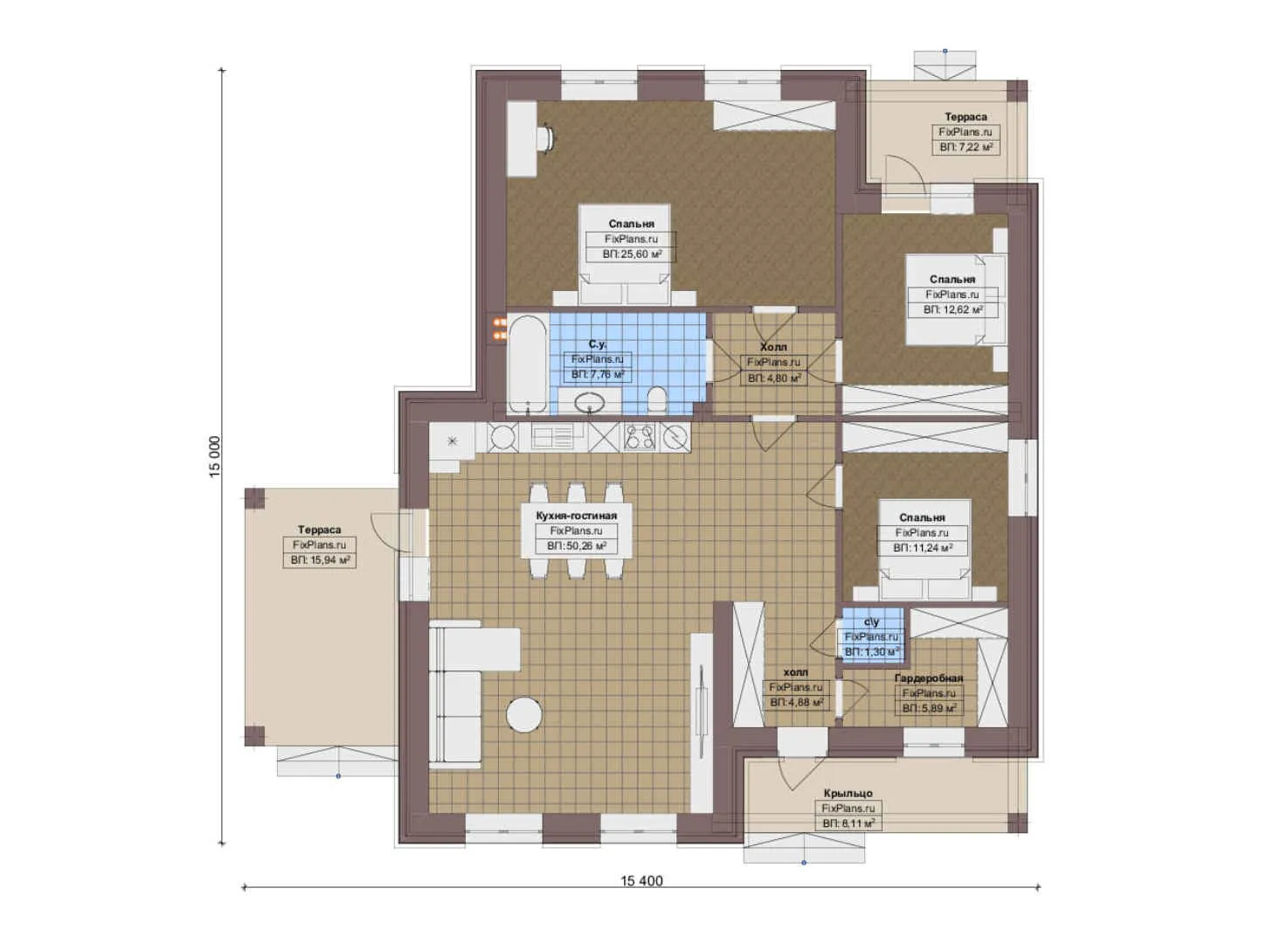 F-19790 - План одноэтажного дома 15 на 16, площадью 160 м² с террасой и 3 спальнями