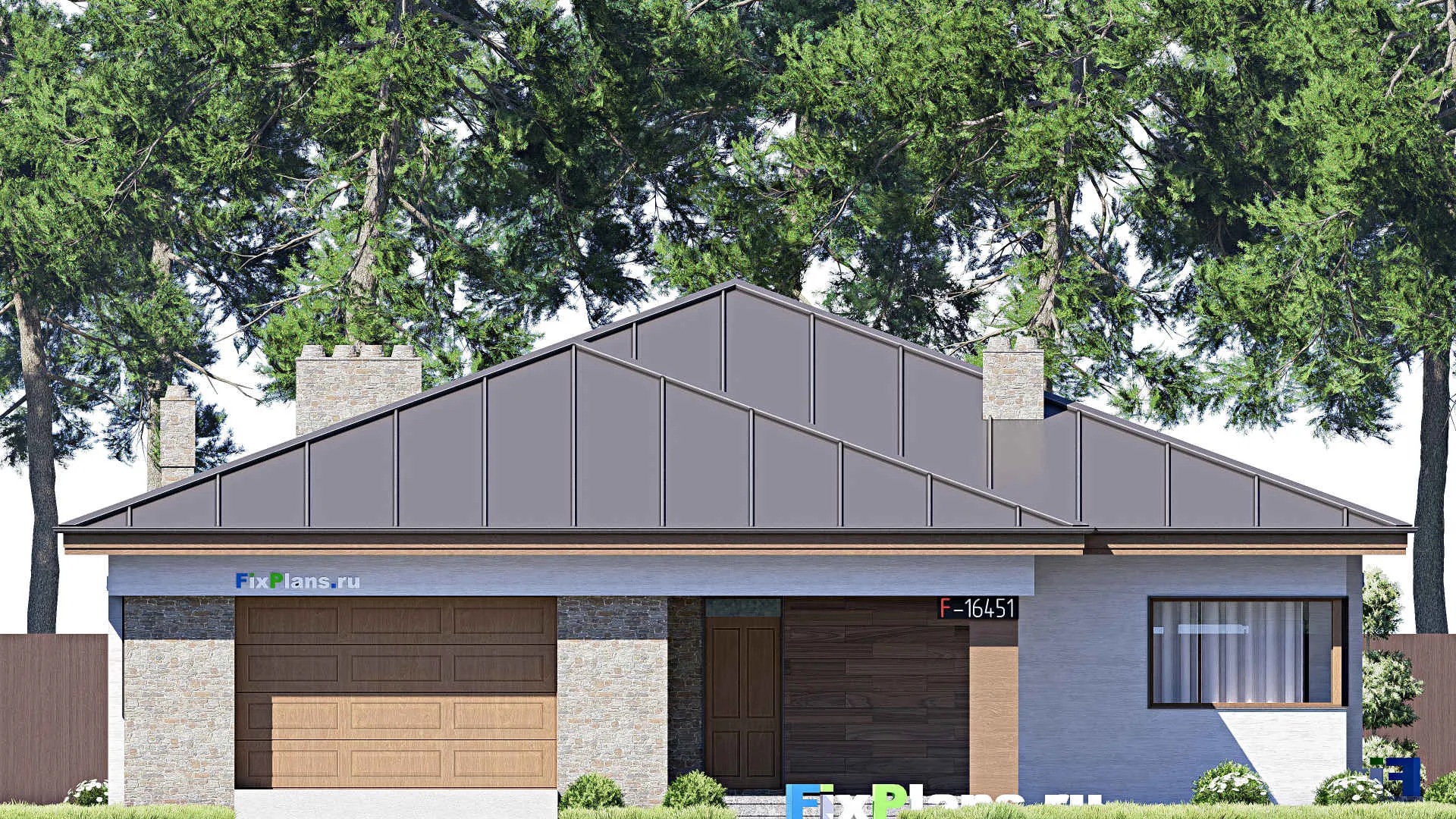 F-16451 - Проект одноэтажного дома 18 на 21, площадью 280 м² с террасой, гаражом на 1 машину и 3 спальнями