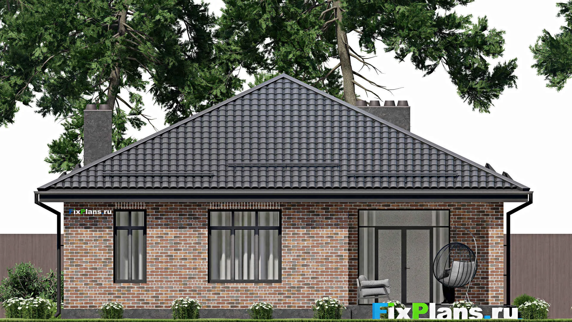 F-2879 - Проект одноэтажного дома 12 на 15, площадью 140 м² с террасой, баней и 2 спальнями