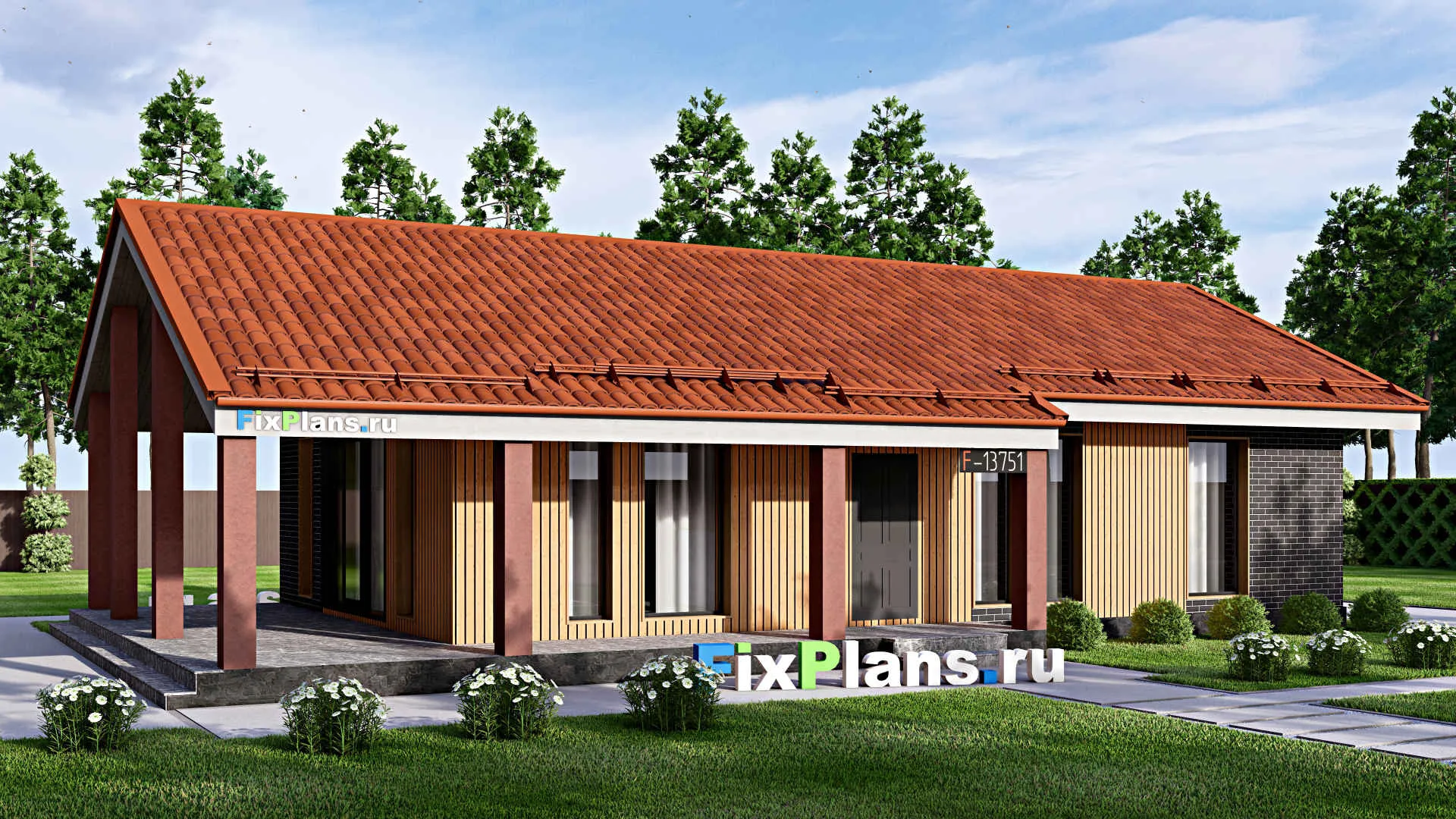 F-13751 - Проект одноэтажного дома 10 на 17, площадью 130 м² с террасой и 3 спальнями