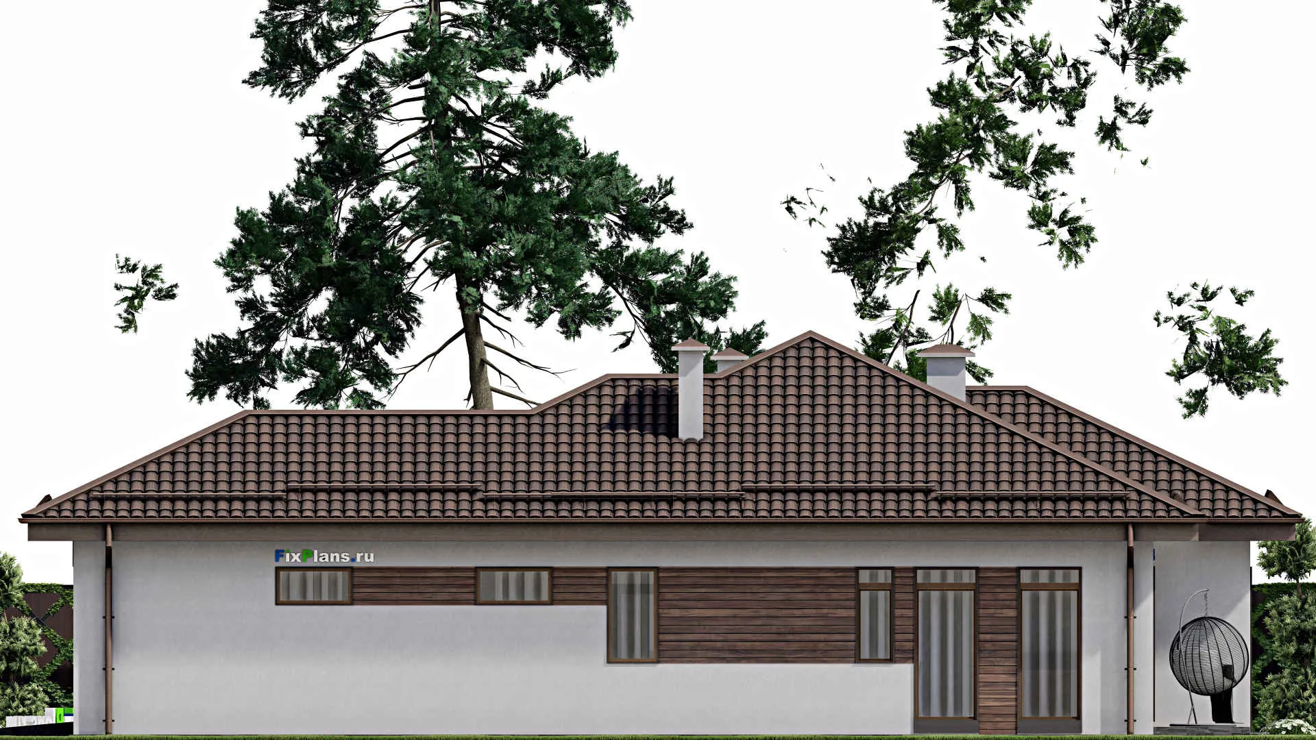 F-5408 - Проект одноэтажного дома 12 на 19, площадью 150 м² с террасой, гаражом на 1 машину и 3 спальнями