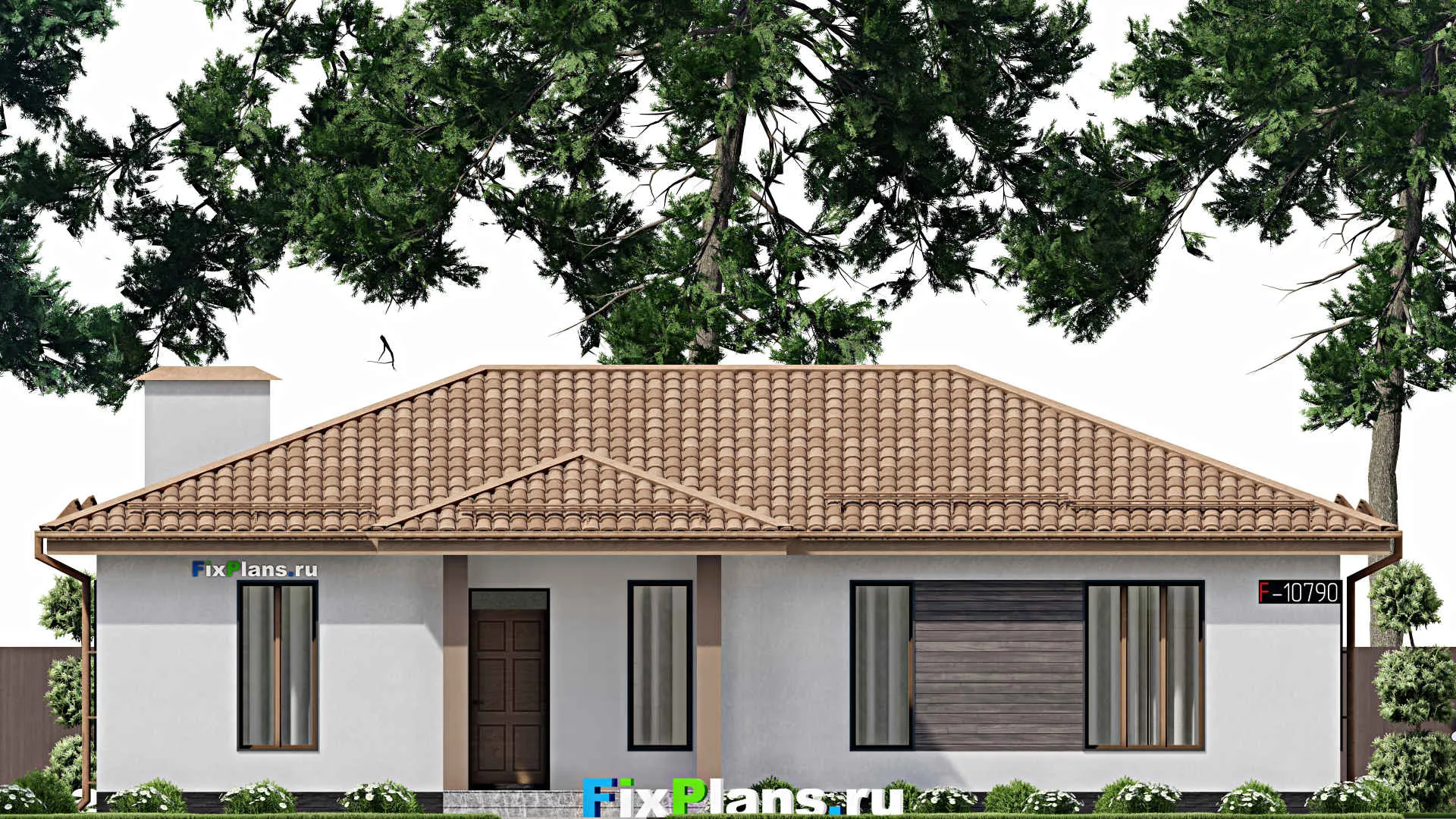 F-10790 - Проект одноэтажного дома 14 на 16, площадью 130 м² с террасой и 3 спальнями