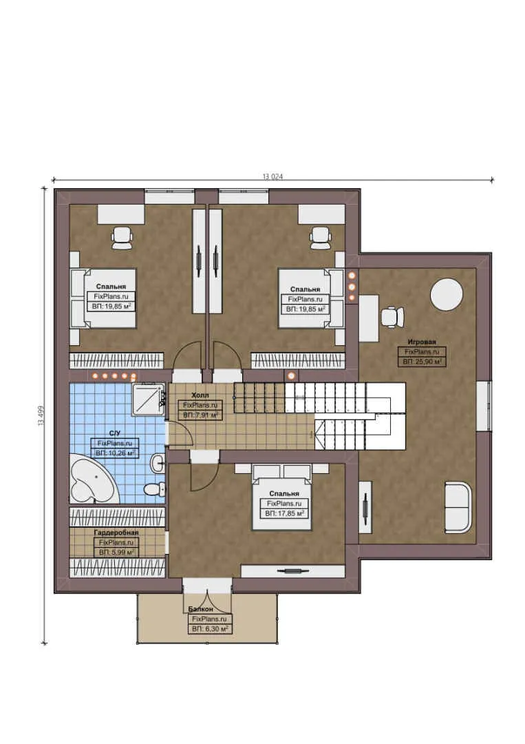 F-0908 - Планы дома с мансардой 13 на 13, площадью 260 м² с террасой, балконом, гаражом на 1 машину и 4 спальнями