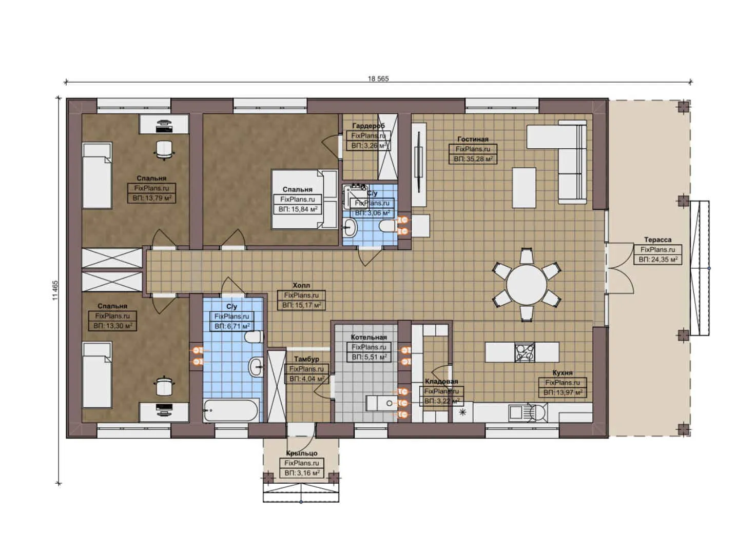 F-9926 - План одноэтажного дома 12 на 19, площадью 170 м² с террасой и 3 спальнями