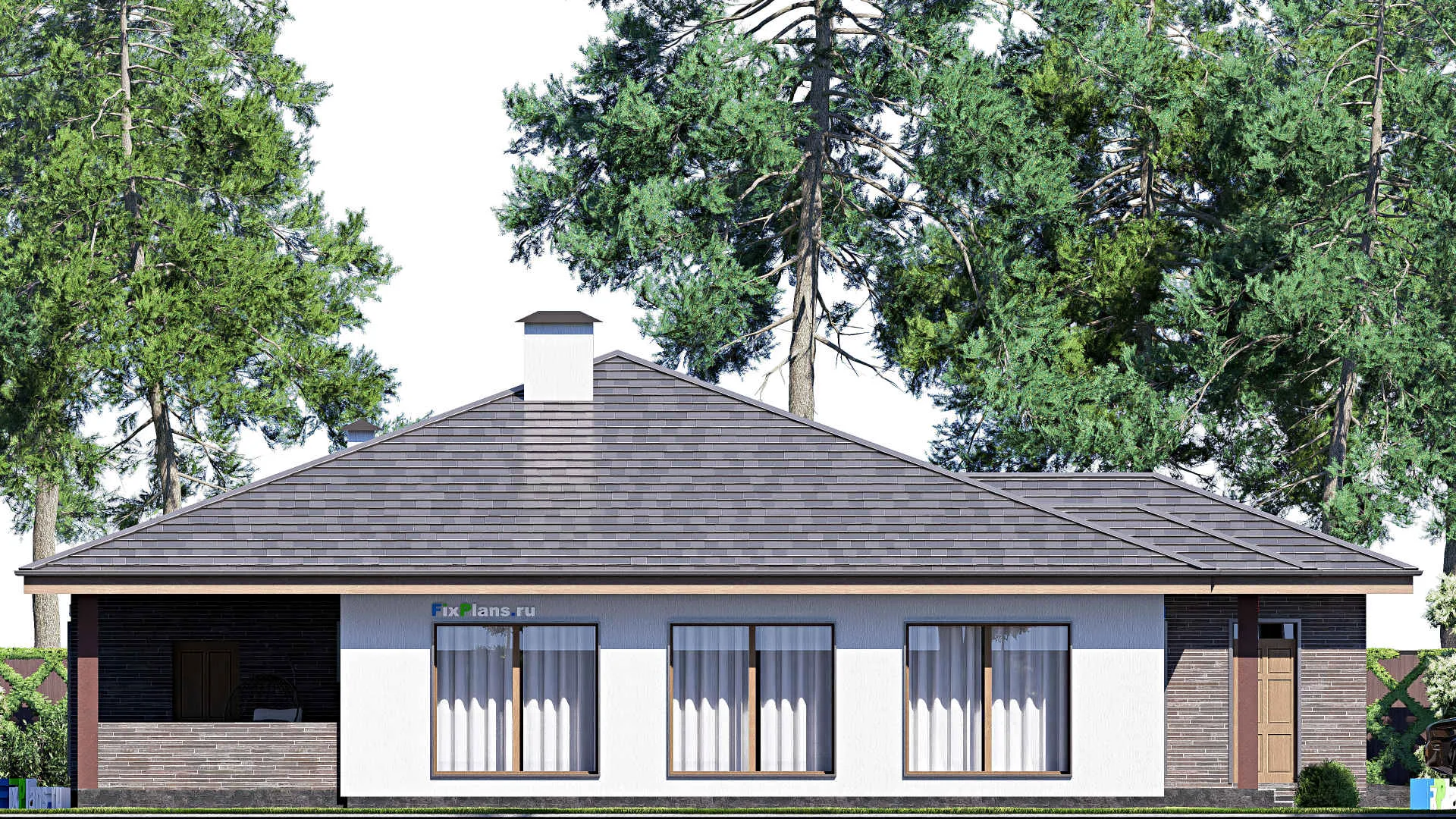 F-17954 - Проект одноэтажного дома 20 на 21, площадью 320 м² с террасой, гаражом на 2 машины и 2 спальнями