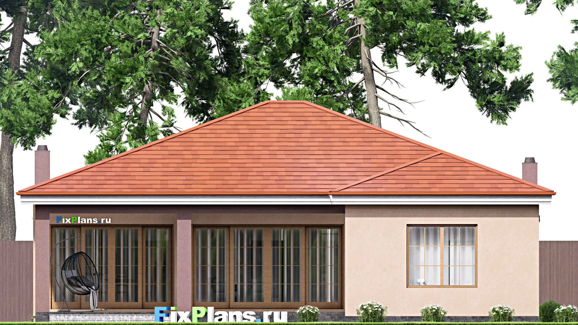 F-16856 - Проект одноэтажного дома 15 на 24, площадью 240 м² с террасой, гаражом на 2 машины и 4 спальнями