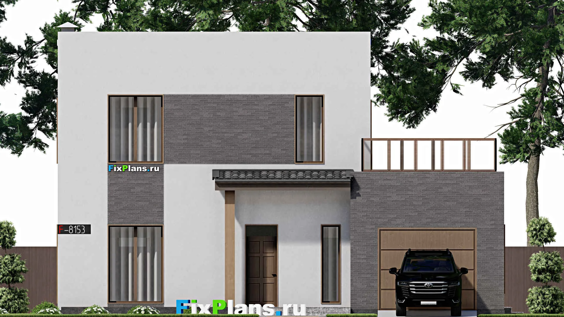 F-8153 - Проект двухэтажного дома 14 на 14, площадью 240 м² с террасой, балконом, гаражом на 1 машину и 3 спальнями