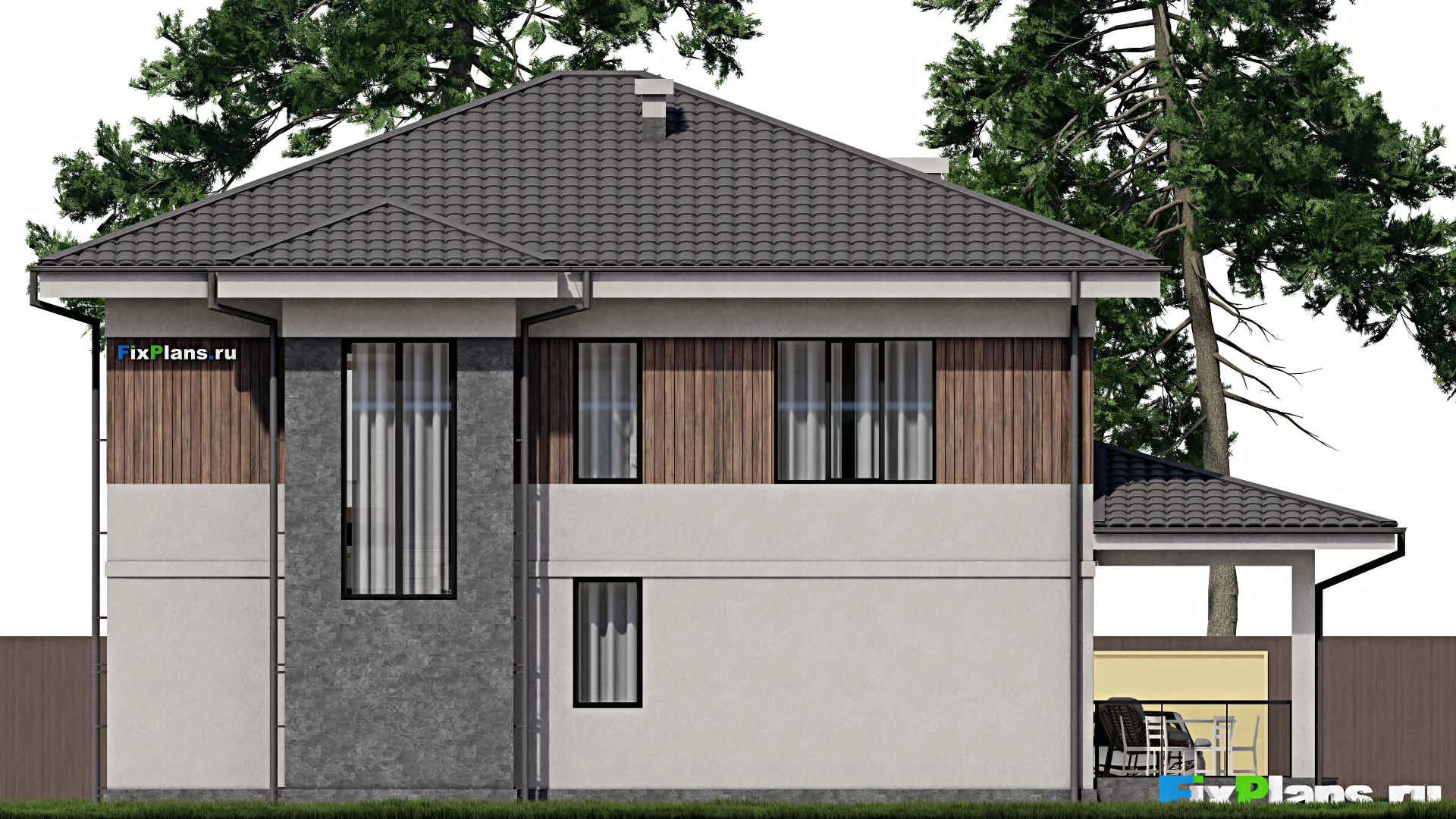 F-0332 - Проект двухэтажного дома 13 на 13, площадью 290 м² с террасой и 3 спальнями