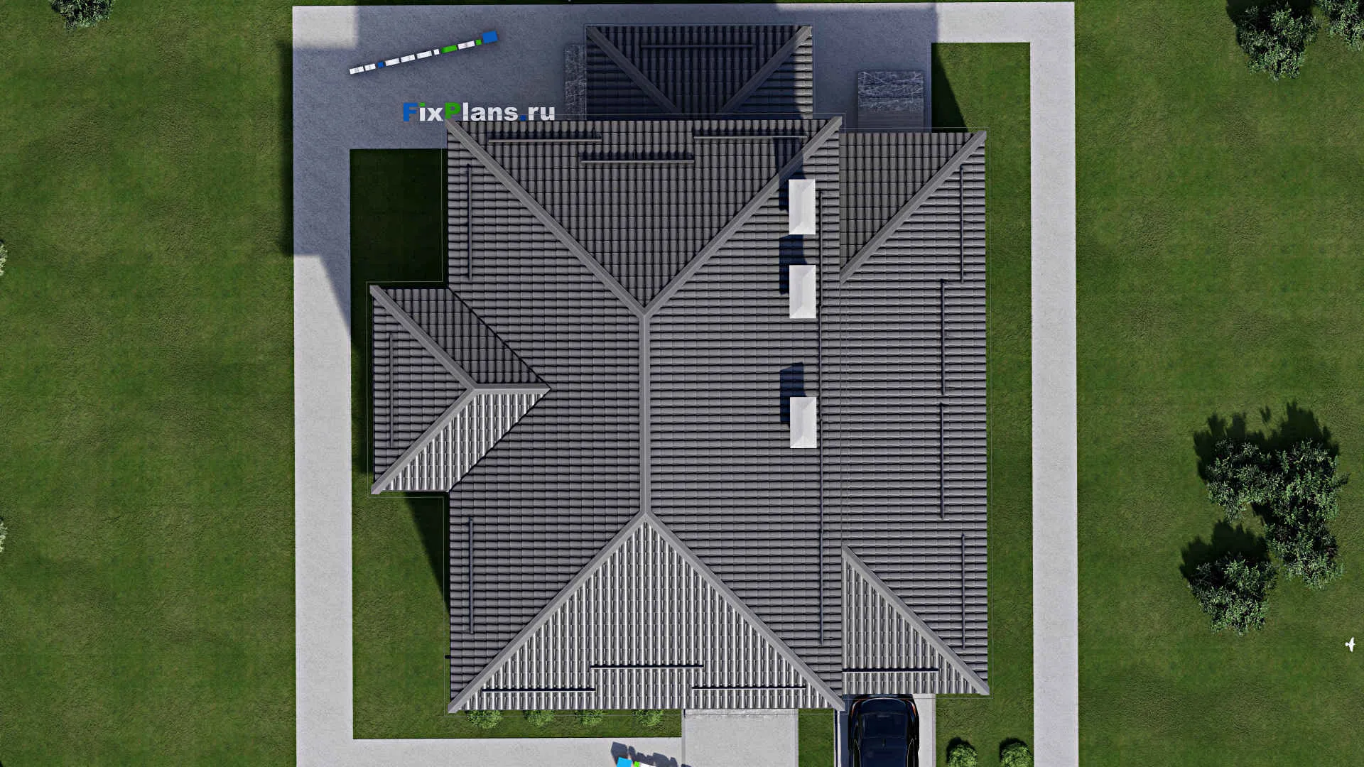 F-3608 - Проект двухэтажного дома 15 на 16, площадью 270 м² с террасой, балконом, гаражом на 2 машины и 4 спальнями