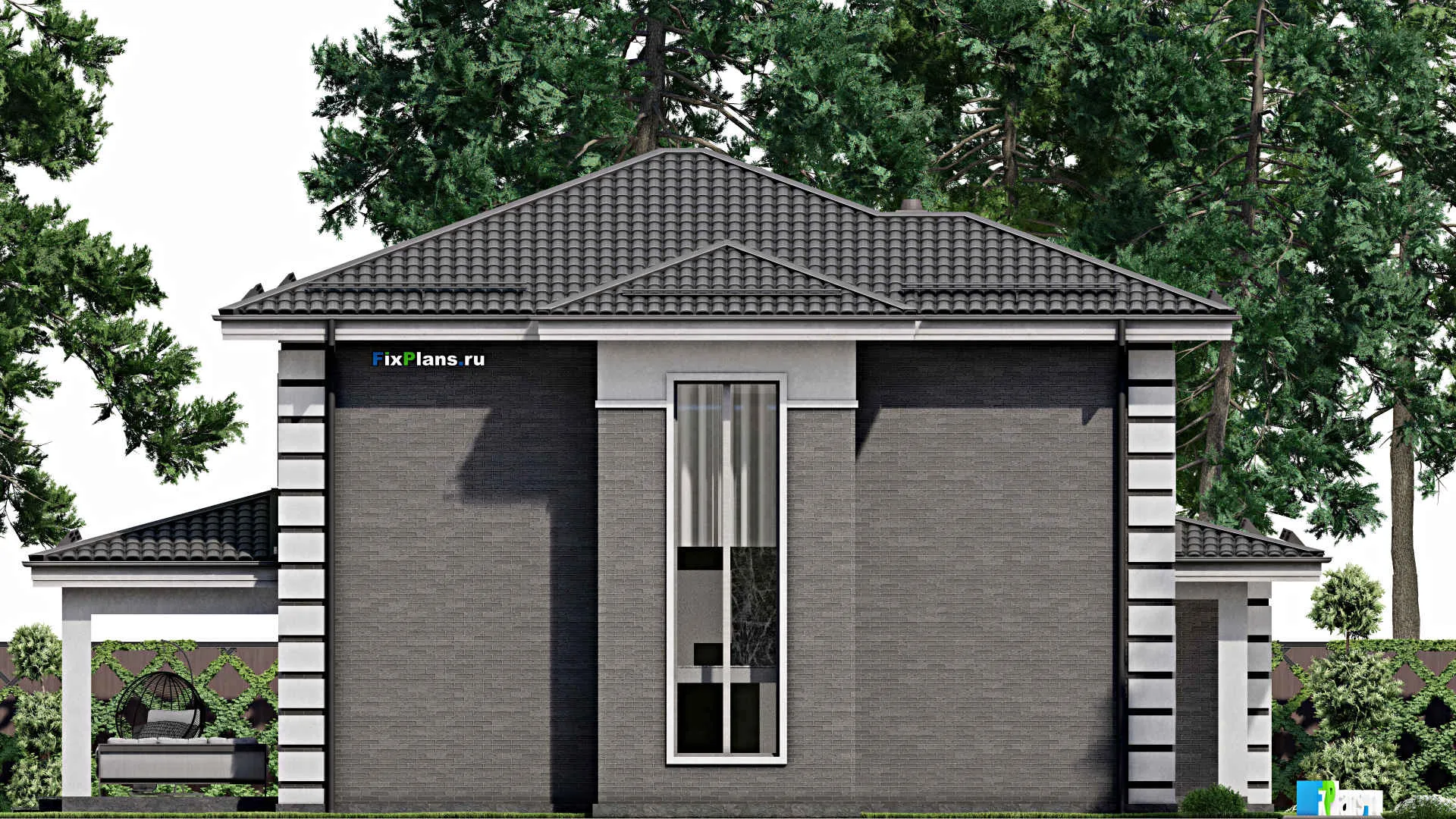 F-3887 - Проект двухэтажного дома 14 на 17, площадью 240 м² с террасой, гаражом на 1 машину и 4 спальнями