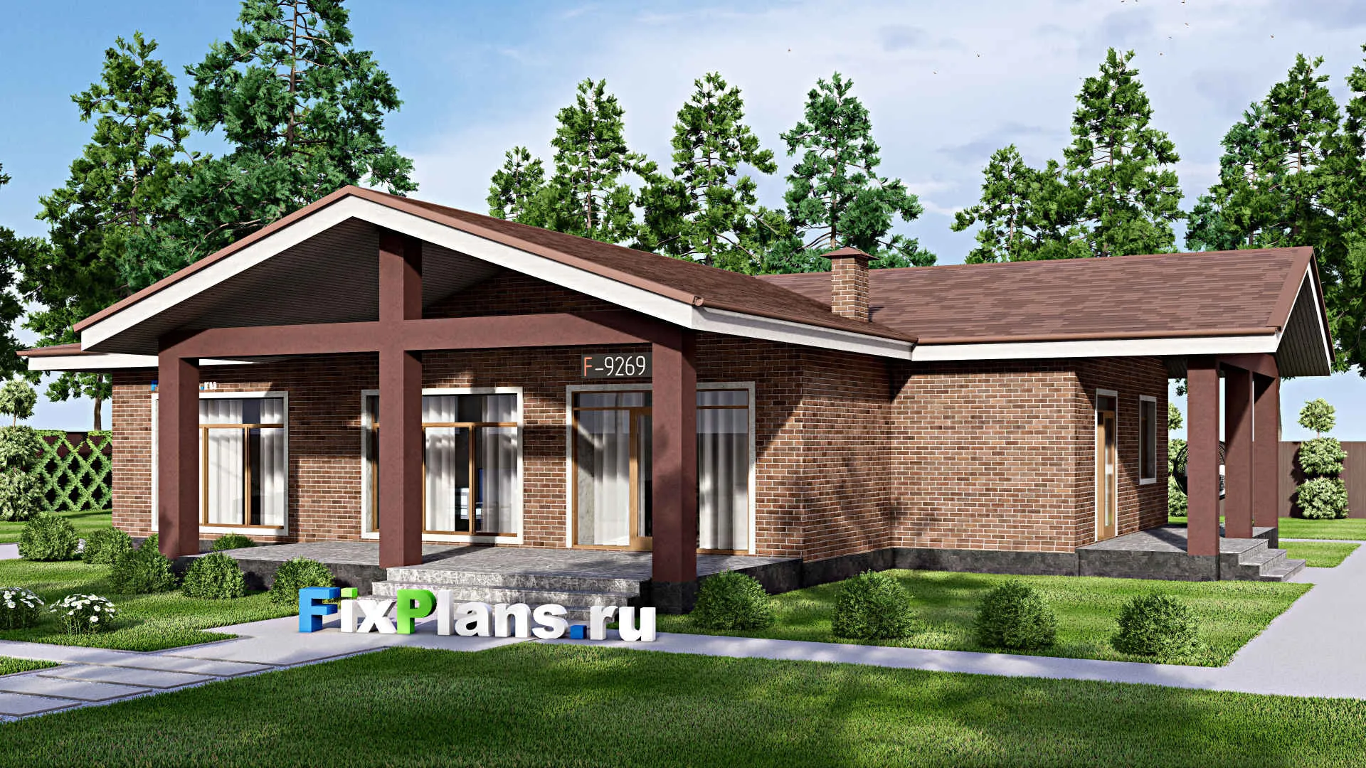 F-9269 - Проект одноэтажного дома 16 на 19, площадью 190 м² с террасой и 3 спальнями