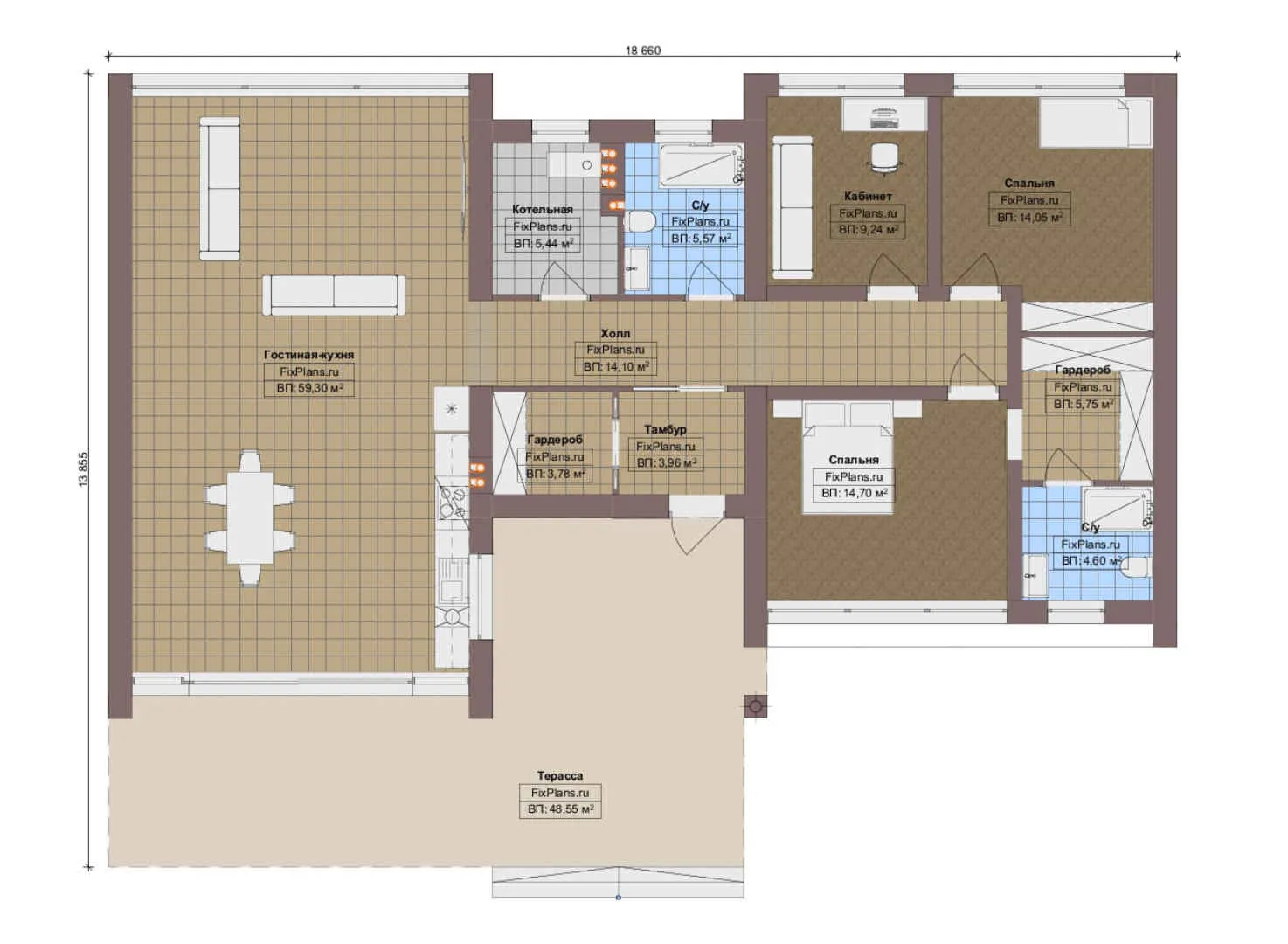 F-13544 - План одноэтажного дома 14 на 19, площадью 190 м² с террасой и 2 спальнями
