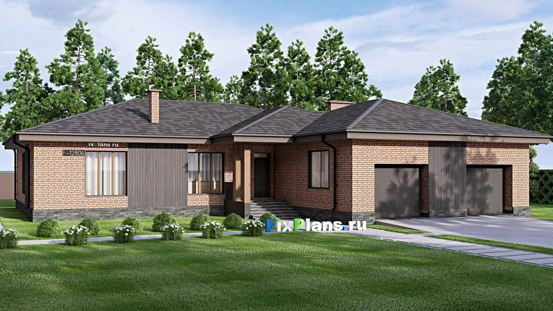 F-12806 - Проект одноэтажного дома 20 на 23, площадью 260 м² с террасой, гаражом на 2 машины и 4 спальнями