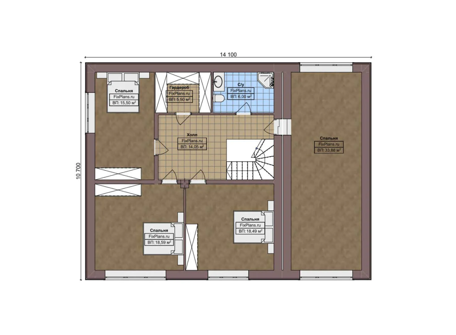 F-7289 - Планы двухэтажного дома 13 на 17, площадью 270 м² с террасой, гаражом на 1 машину и 4 спальнями