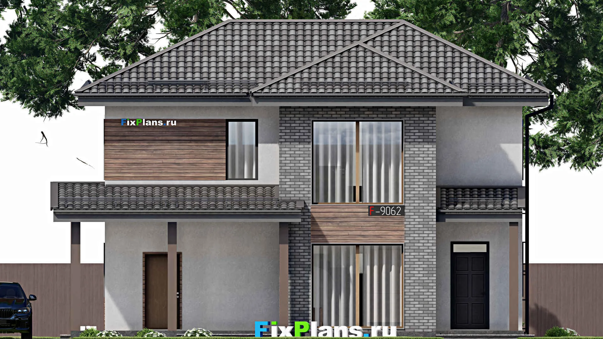 F-9062 - Проект двухэтажного дома 12 на 13, площадью 220 м² с террасой, балконом и 4 спальнями