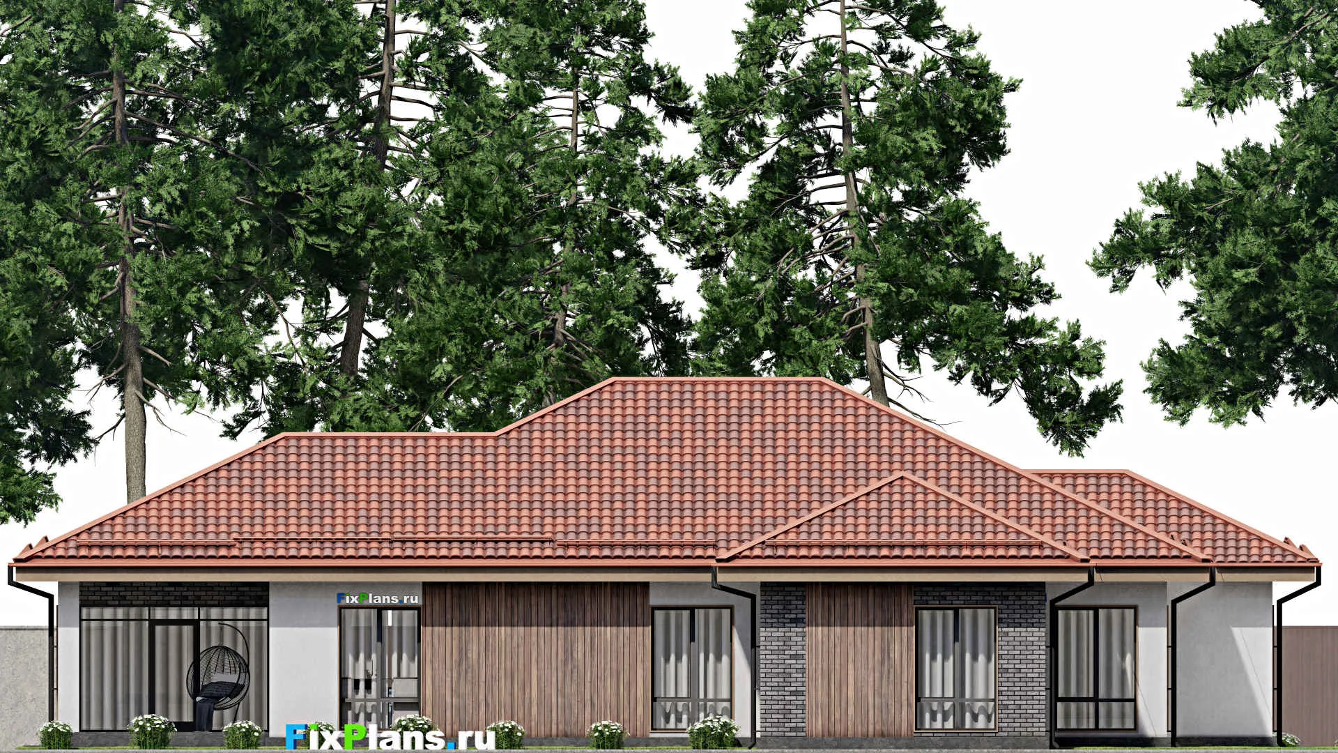 F-8180 - Проект одноэтажного дома 19 на 20, площадью 300 м² с террасой и 4 спальнями